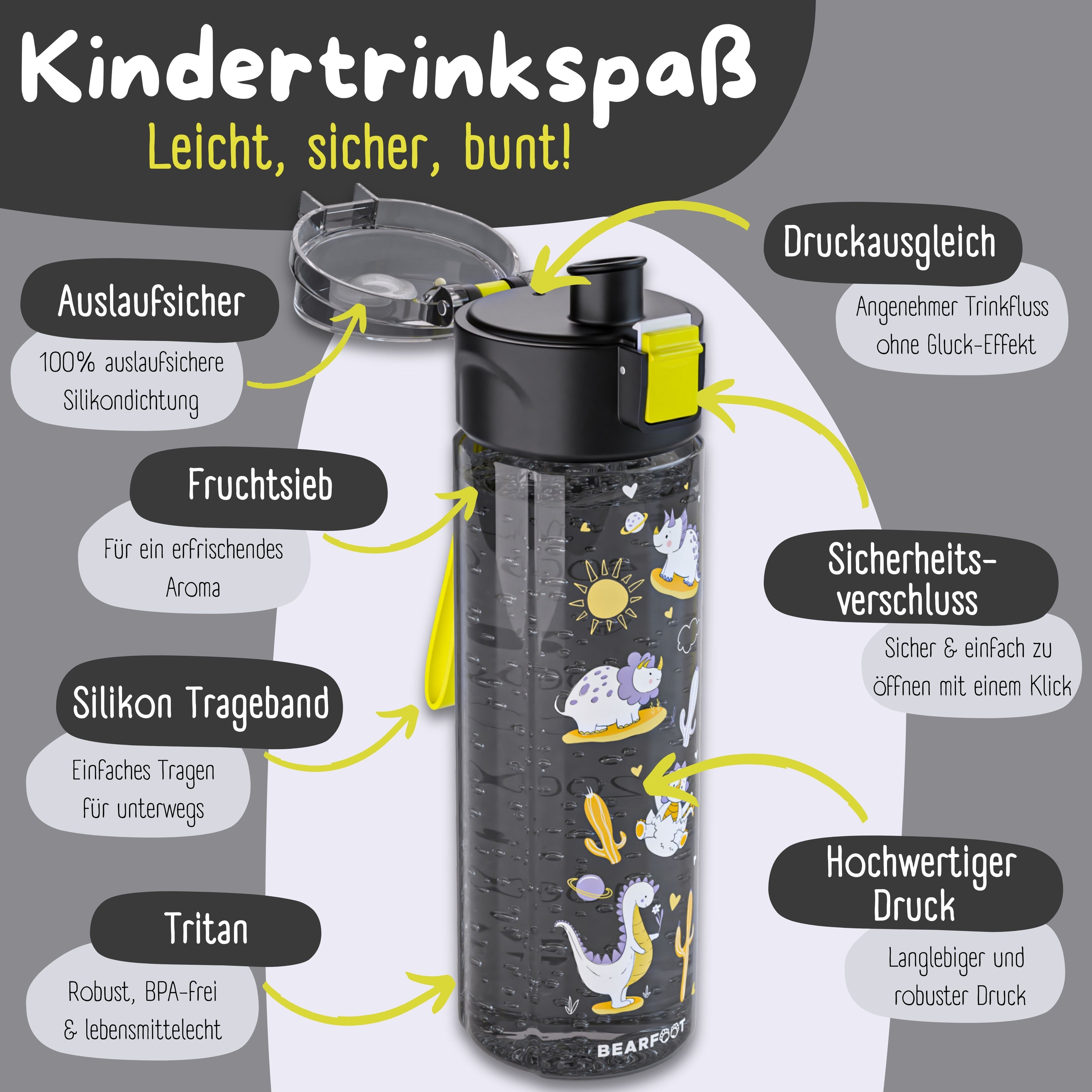 Gourde enfant, 500ml, légère - dinosaures noirs