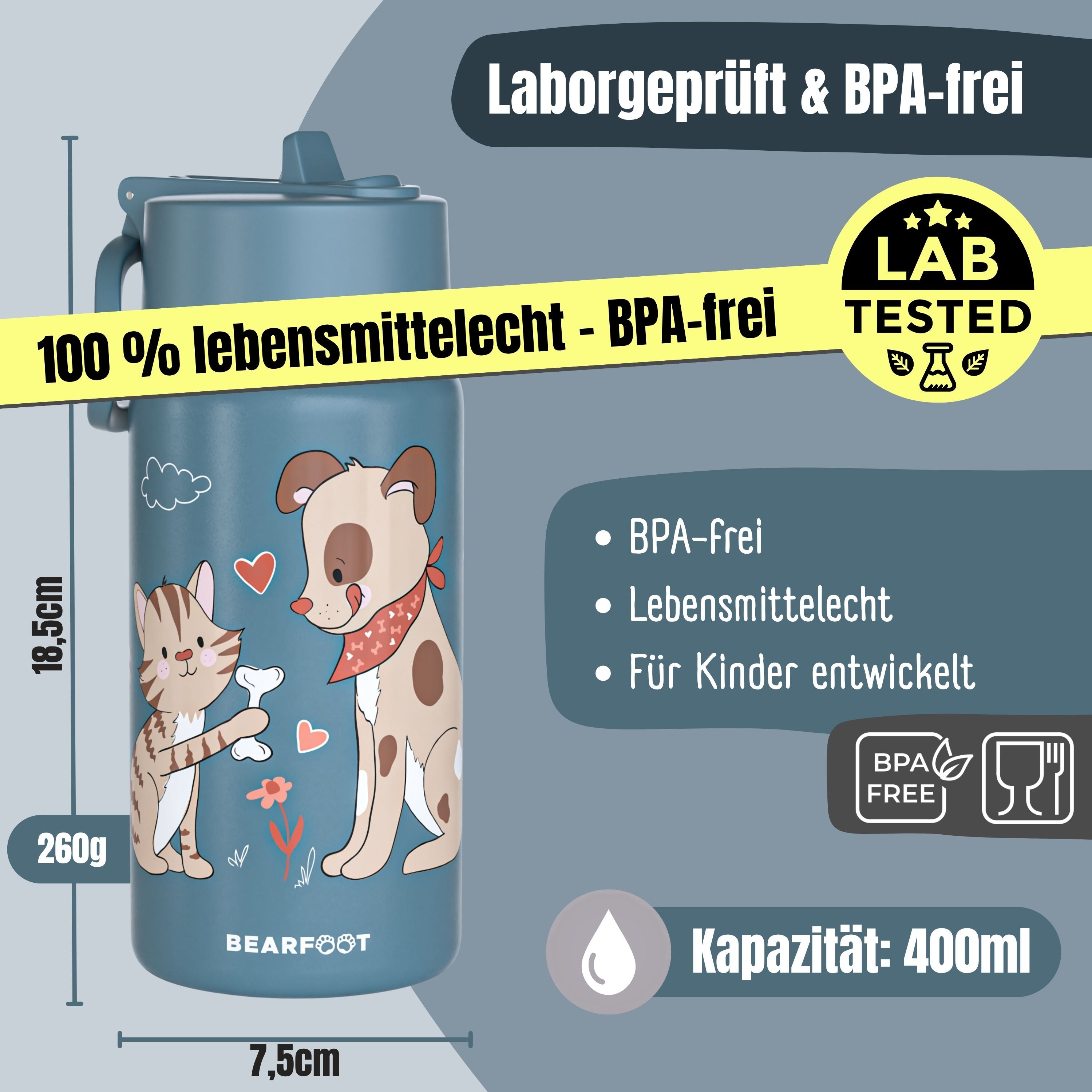 Thermo drikkedunk til børn i rustfrit stål - hund & kat blå