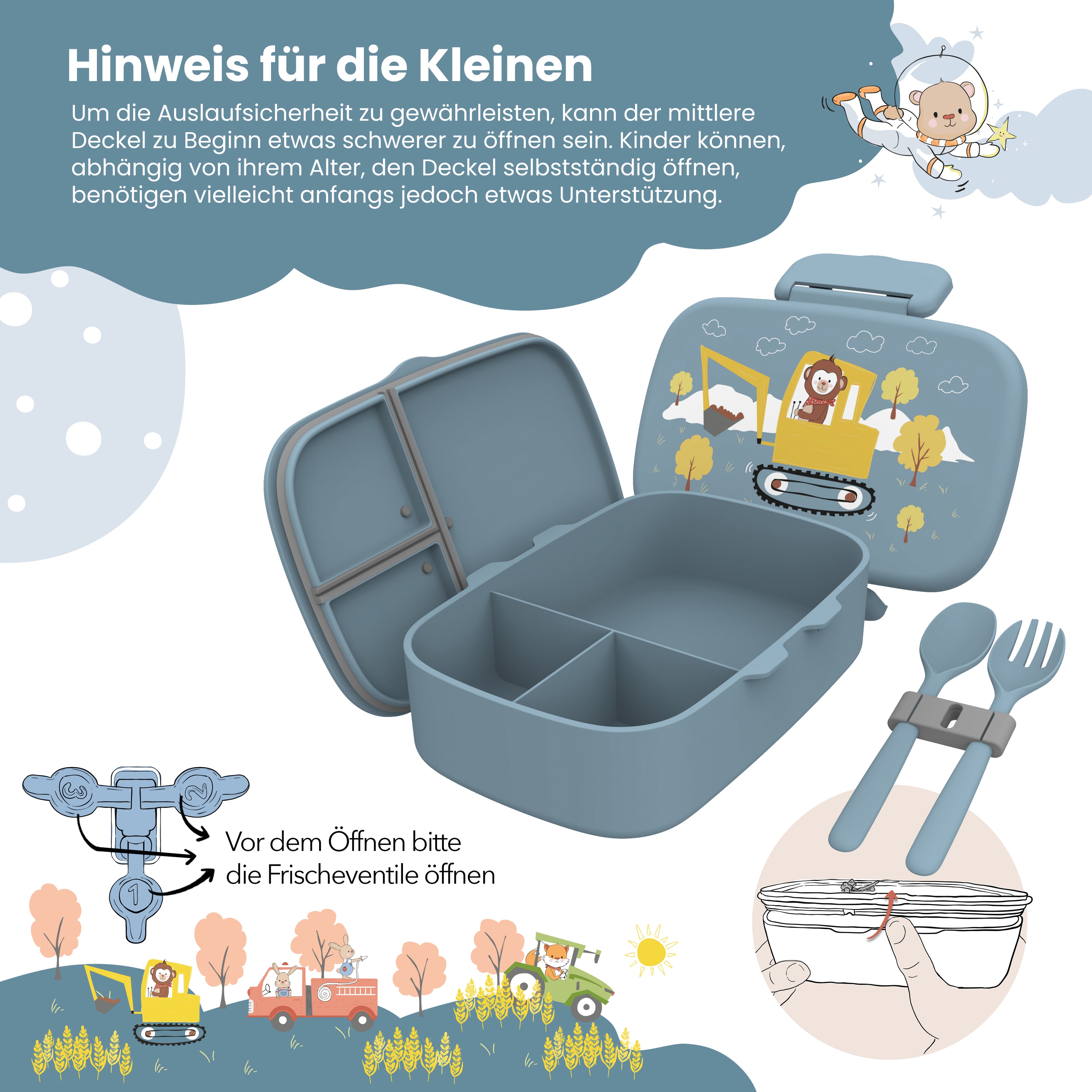 Brotdose Kinder mit Fächern, leicht & auslaufsicher - Bagger