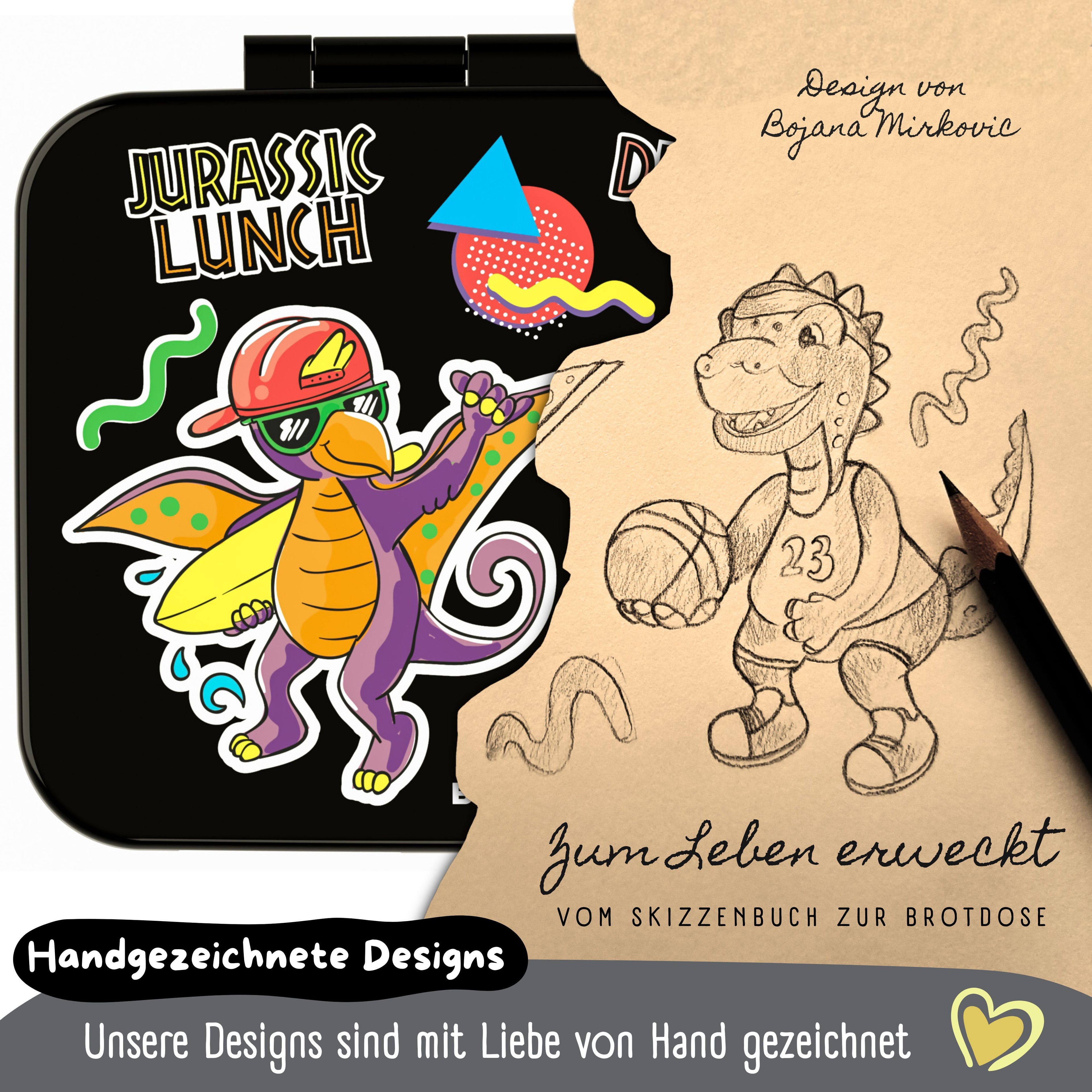 Brotdose mit Fächern, leicht & auslaufsicher - Dinos schwarz