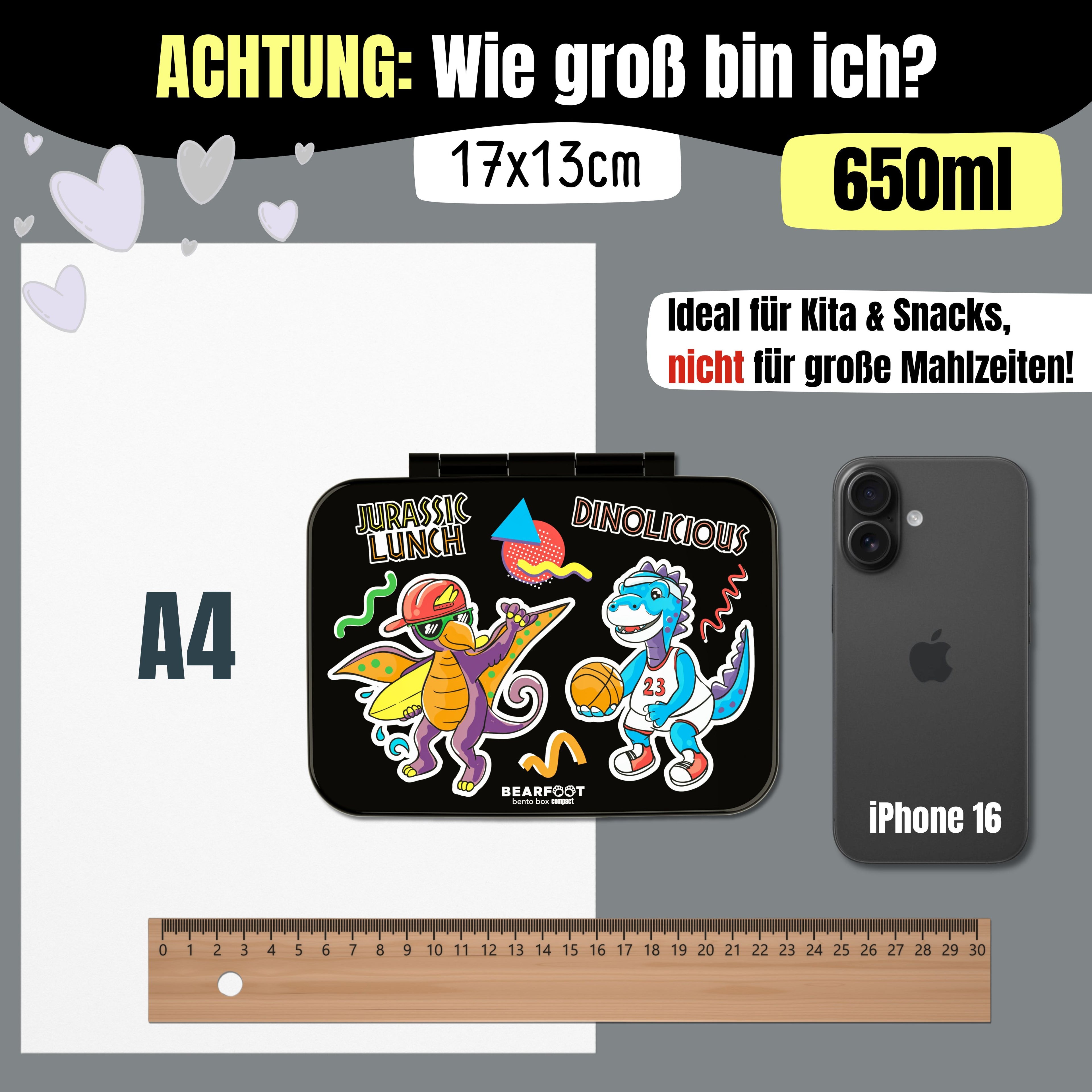 Brotdose mit Fächern, leicht & auslaufsicher - Dinos schwarz