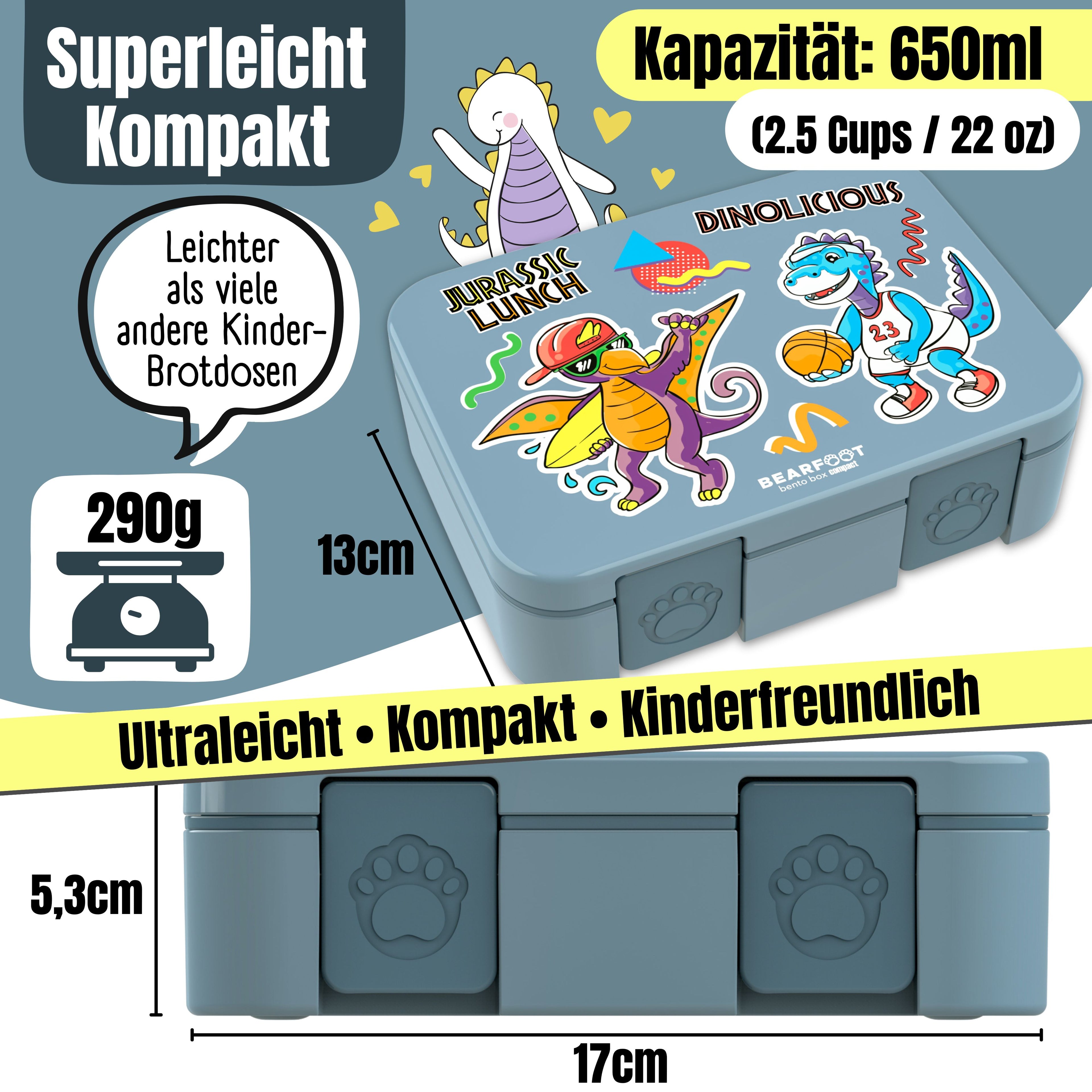Brotdose mit Fächern, leicht & auslaufsicher - Dinos blau