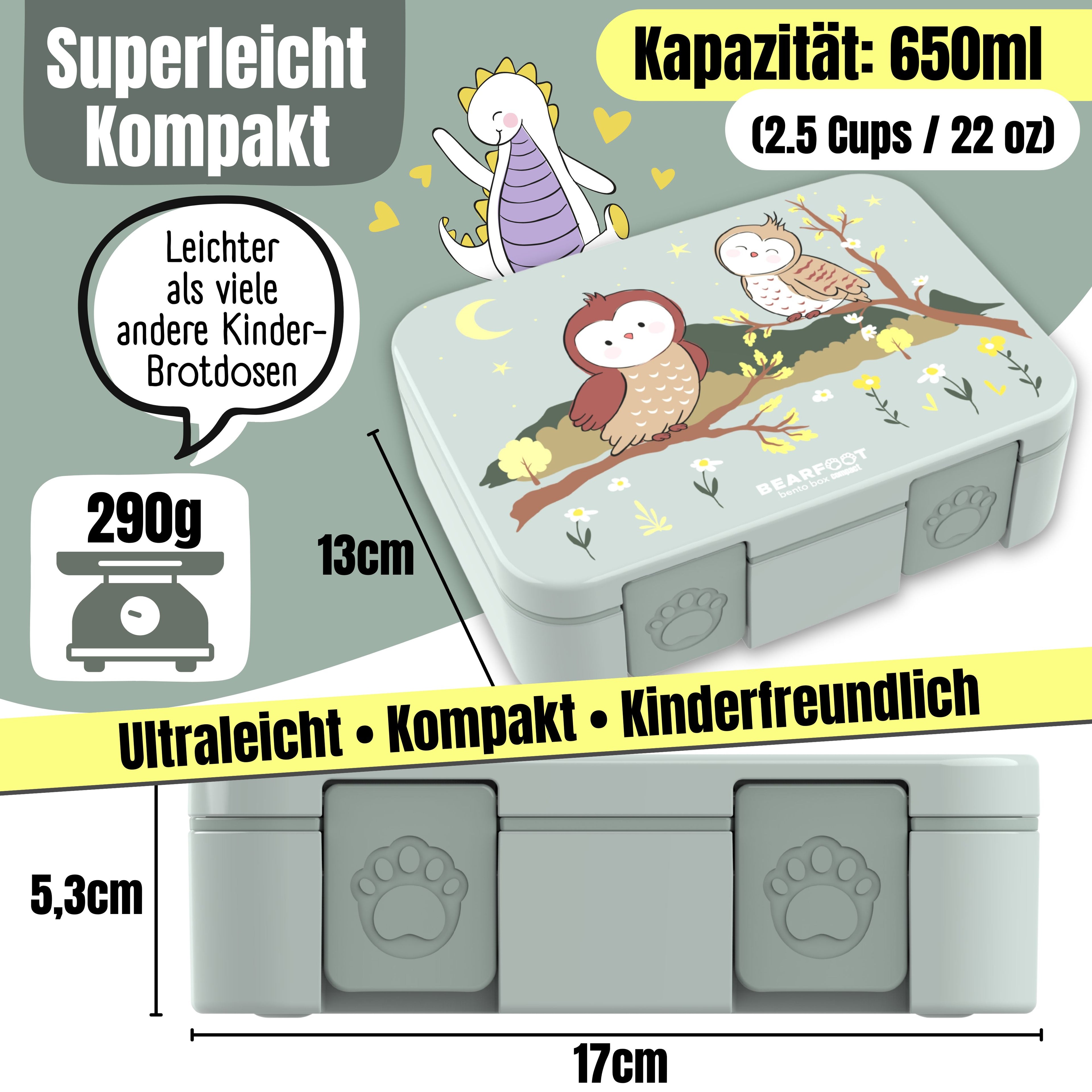 Brotdose mit Fächern, leicht & auslaufsicher -Eule Salbei