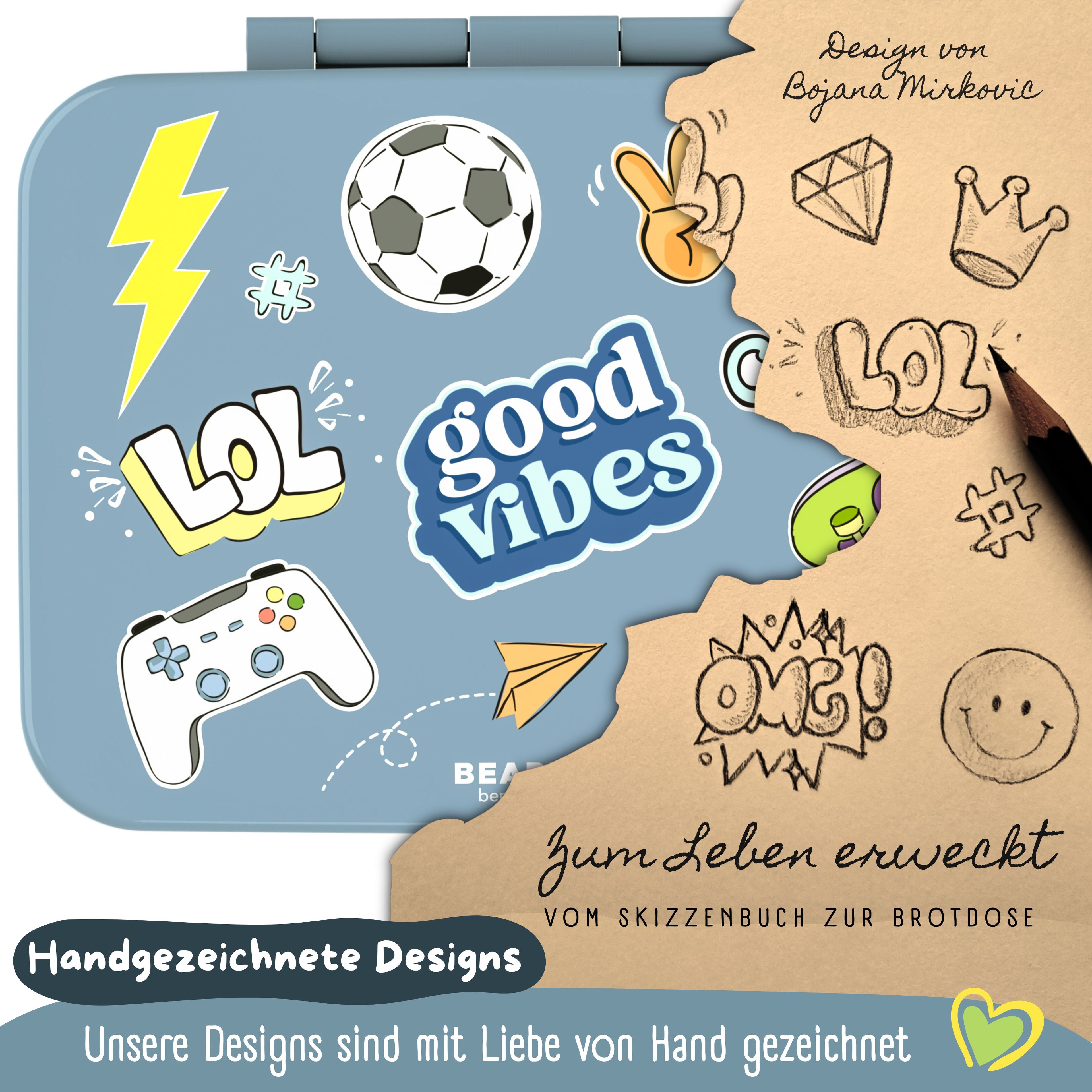 Brotdose mit Fächern, leicht & auslaufsicher - Sticker blau