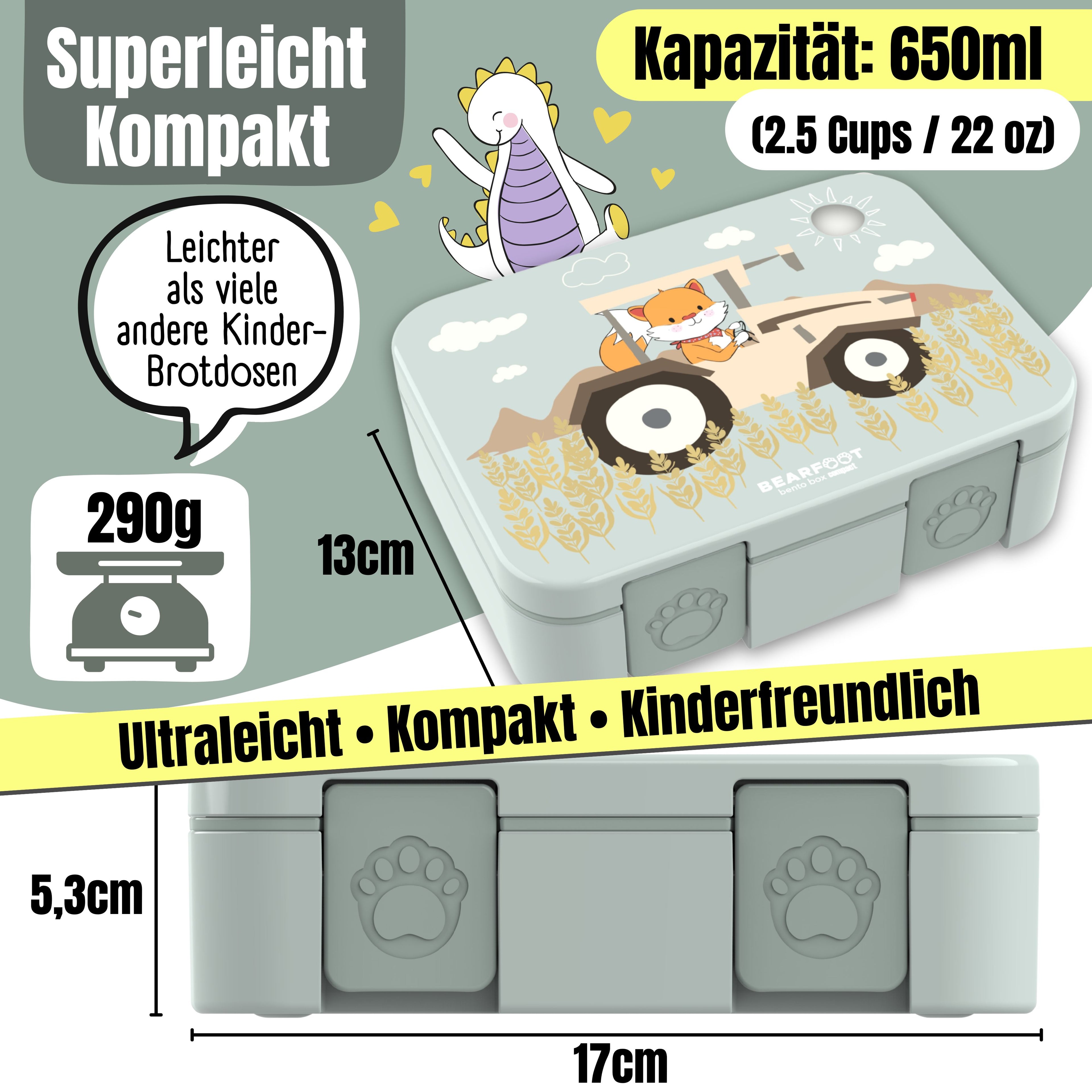 Brotdose mit Fächern, leicht & auslaufsicher -Traktor Salbei