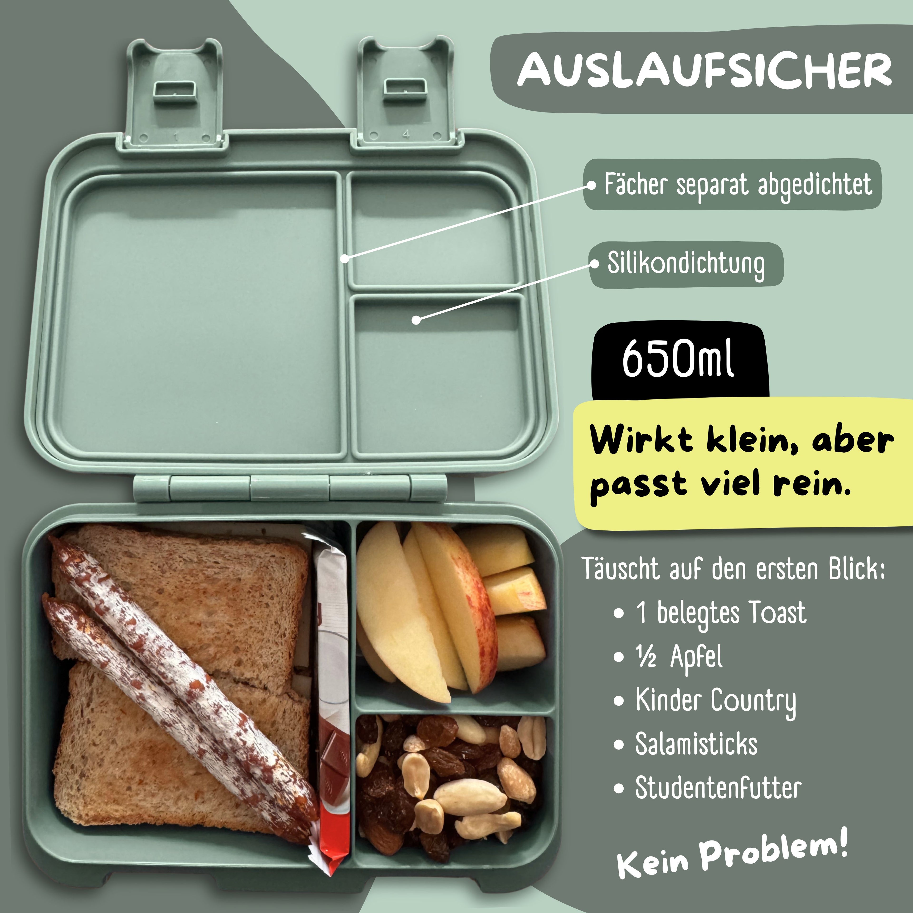 Brotdose mit Fächern, leicht & auslaufsicher - Reh Salbei