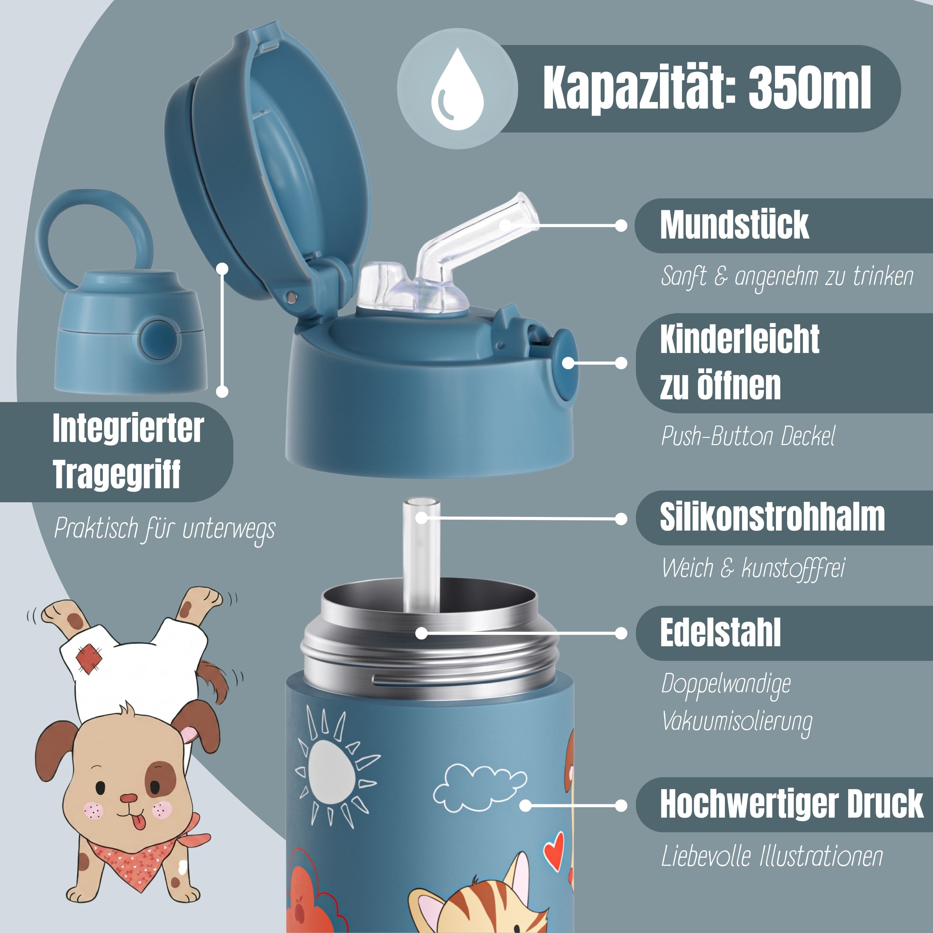 Thermo Kinder Trinkflasche Edelstahl - Hund & Katze blau