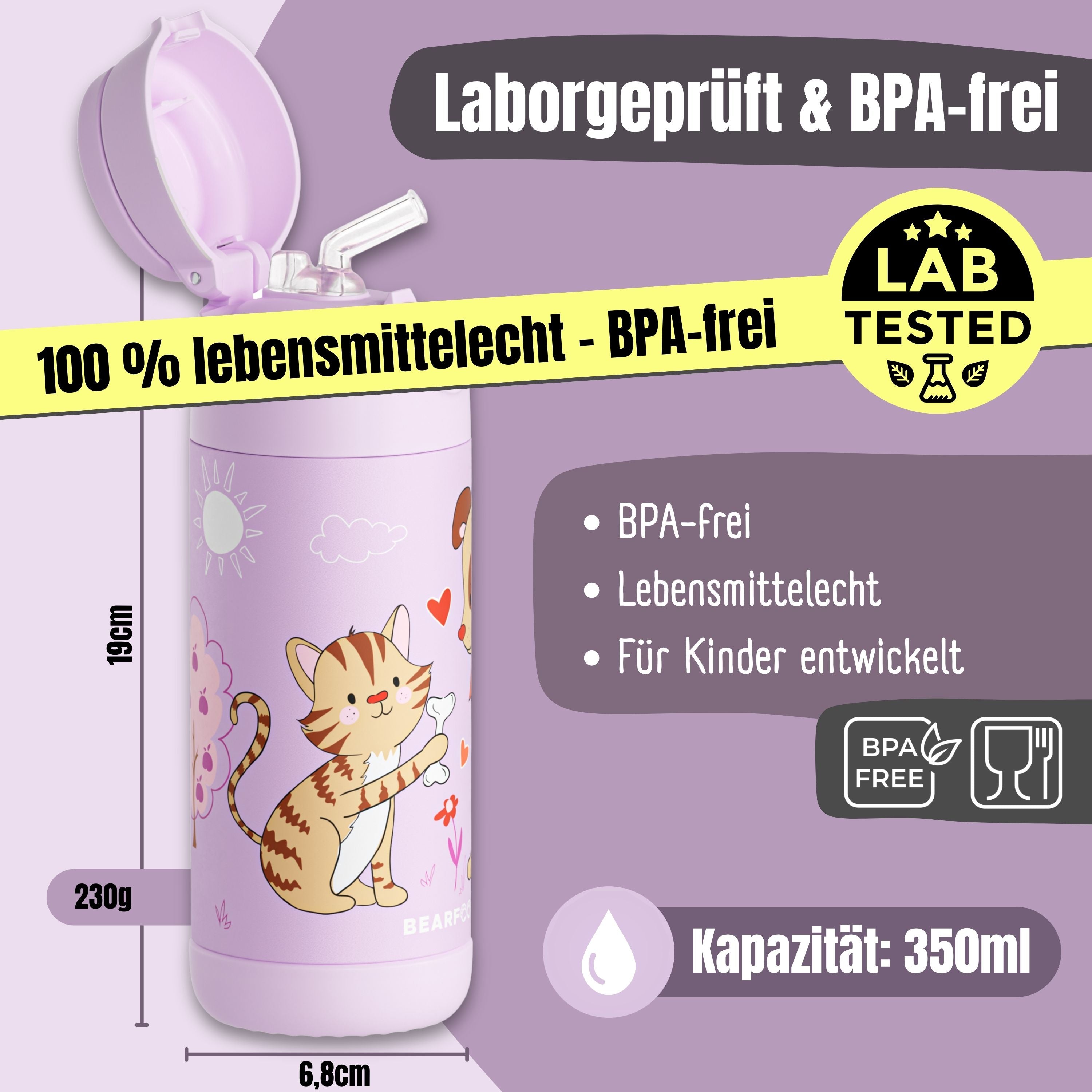 Thermo Kinder Trinkflasche Edelstahl - Hund & Katze lila