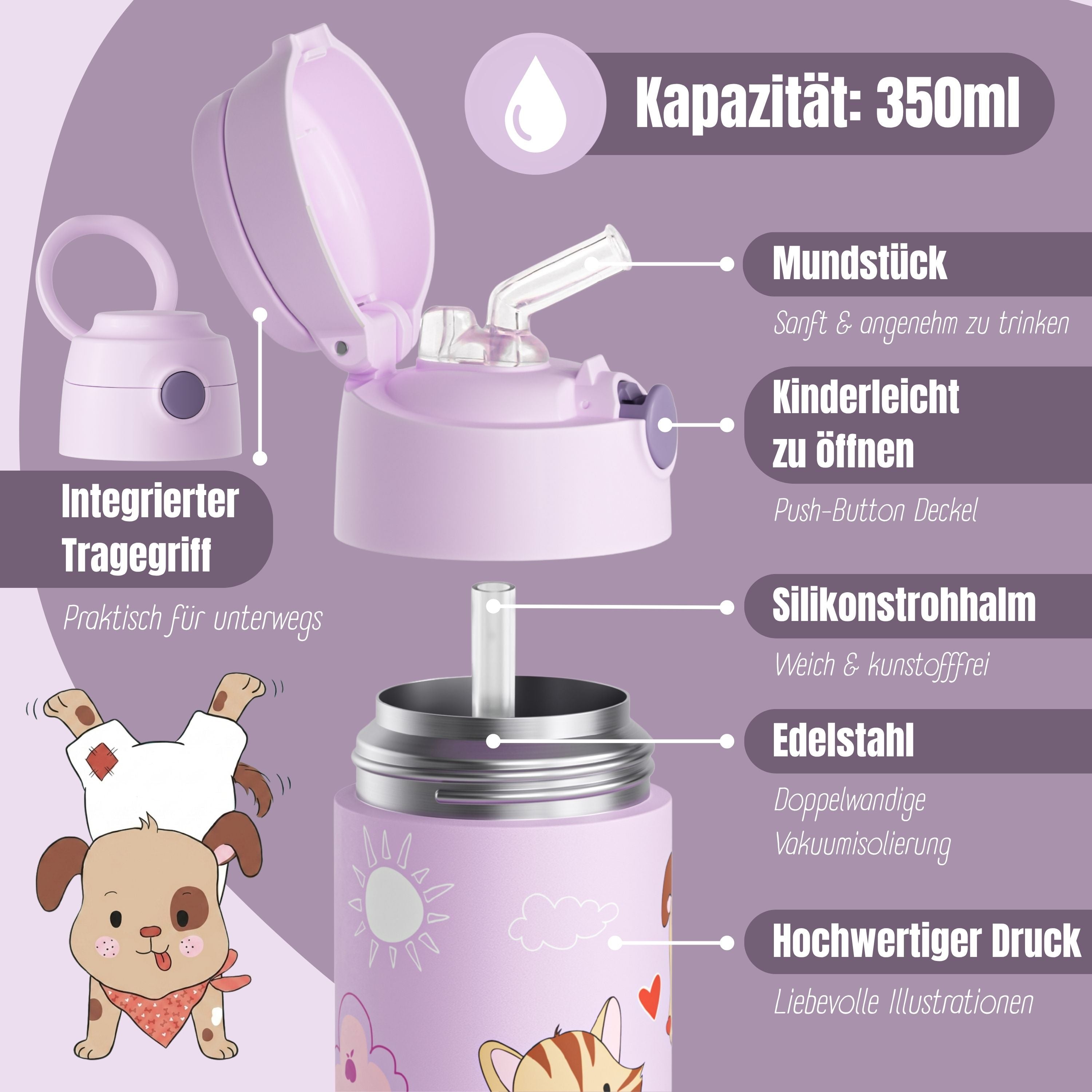 Thermo Kinder Trinkflasche Edelstahl - Hund & Katze lila