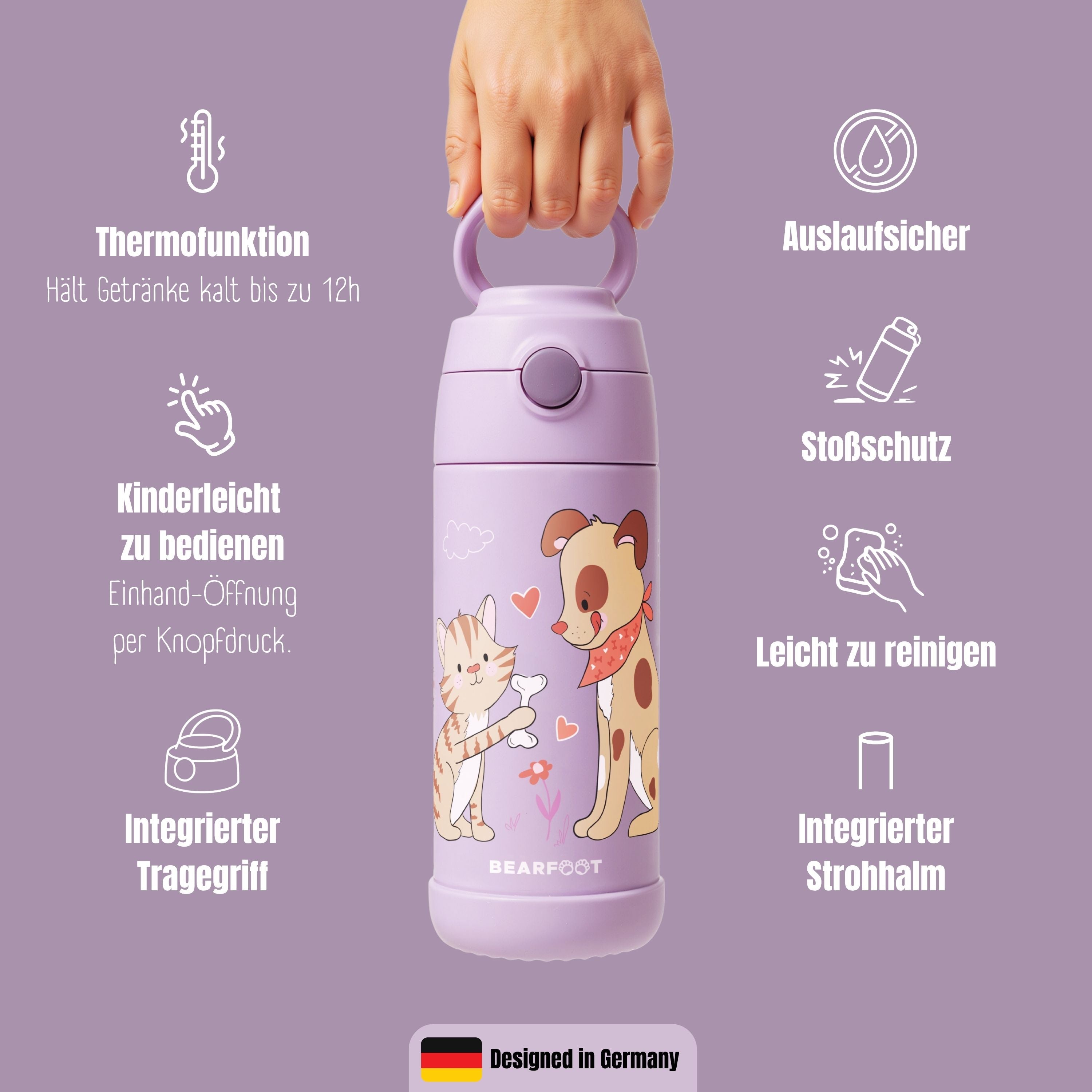 Thermo Kinder Trinkflasche Edelstahl - Hund & Katze lila