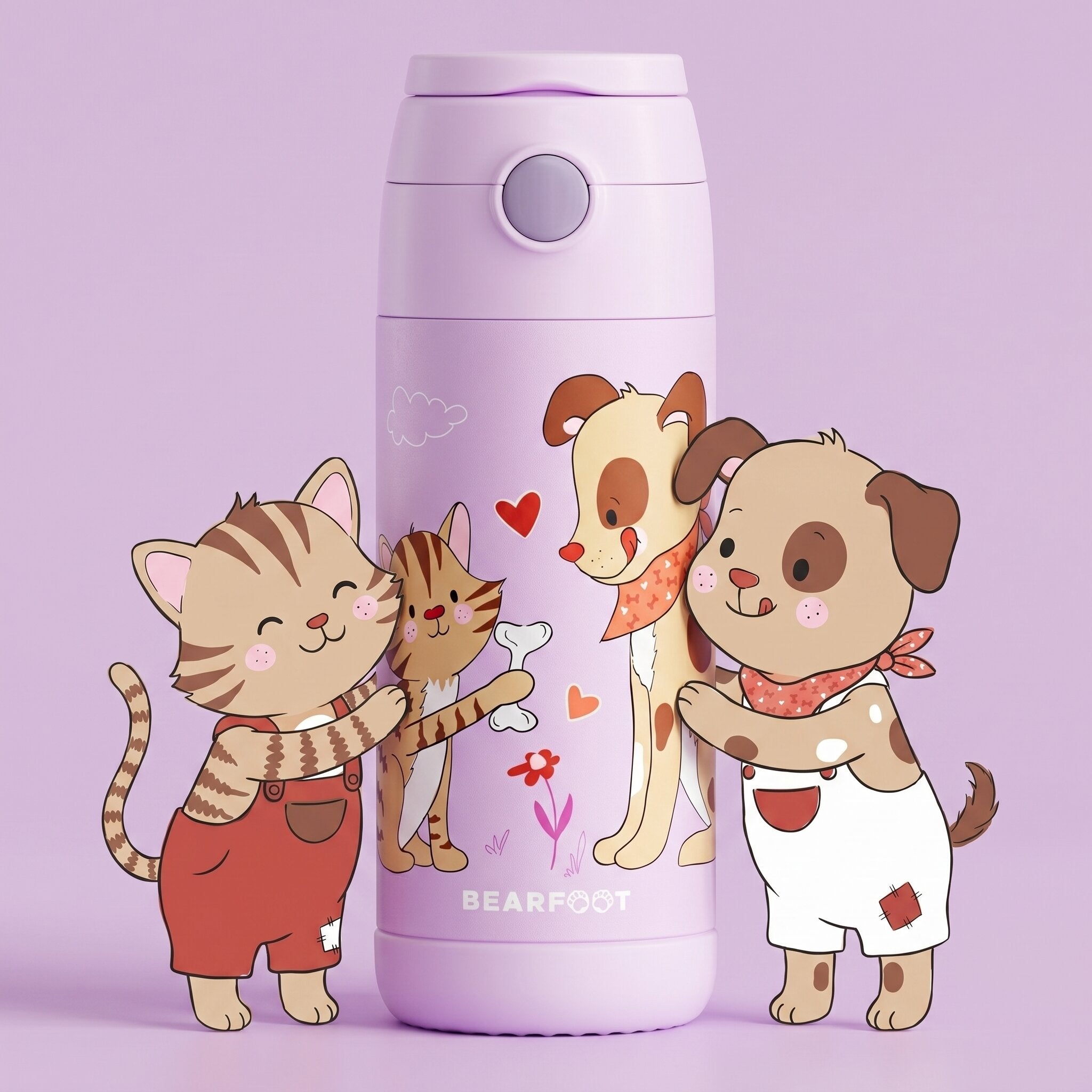 Thermo Kinder Trinkflasche Edelstahl - Hund & Katze lila