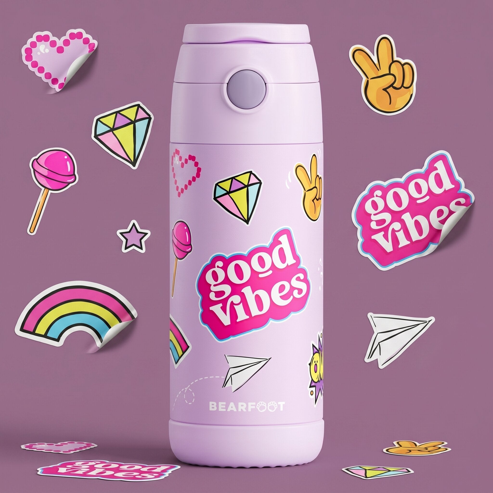 Thermo Kinder Trinkflasche Edelstahl - Sticker lila