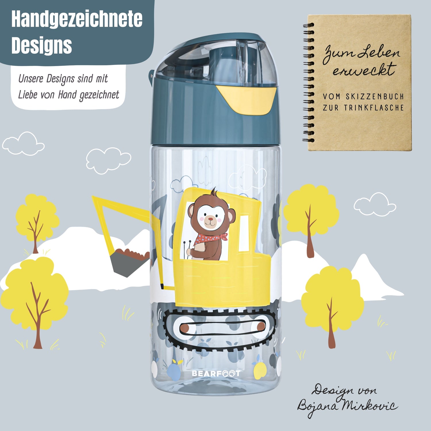 Trinkflasche Kinder, leichte Wasserflasche - Bagger &amp; Affe