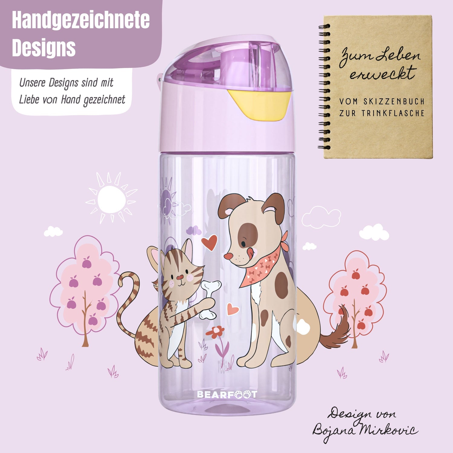 Drikkeflaske børns letvægtsvandflaske - hund &amp; kat pink