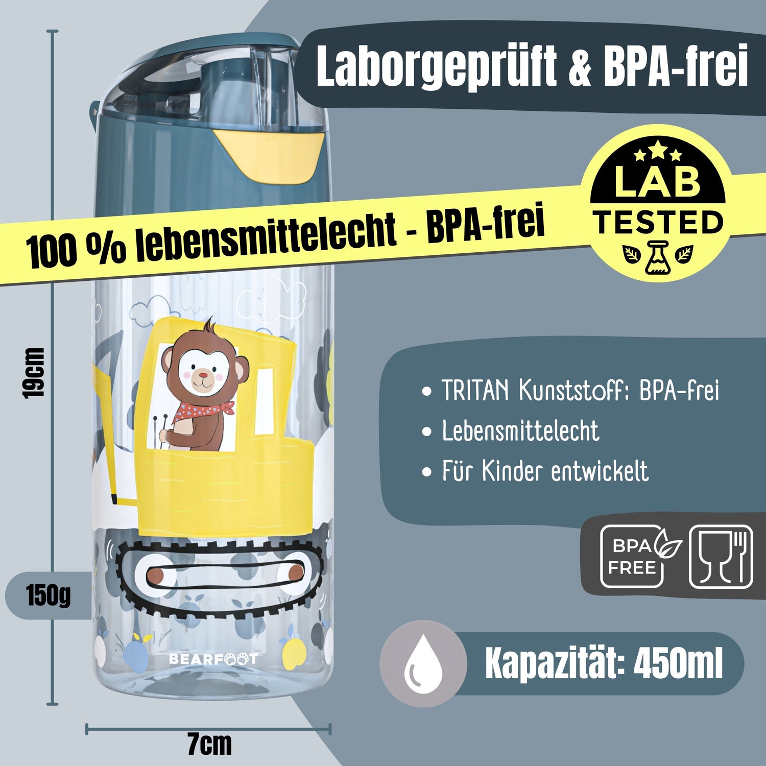 Trinkflasche Kinder, leichte Wasserflasche - Bagger &amp; Affe