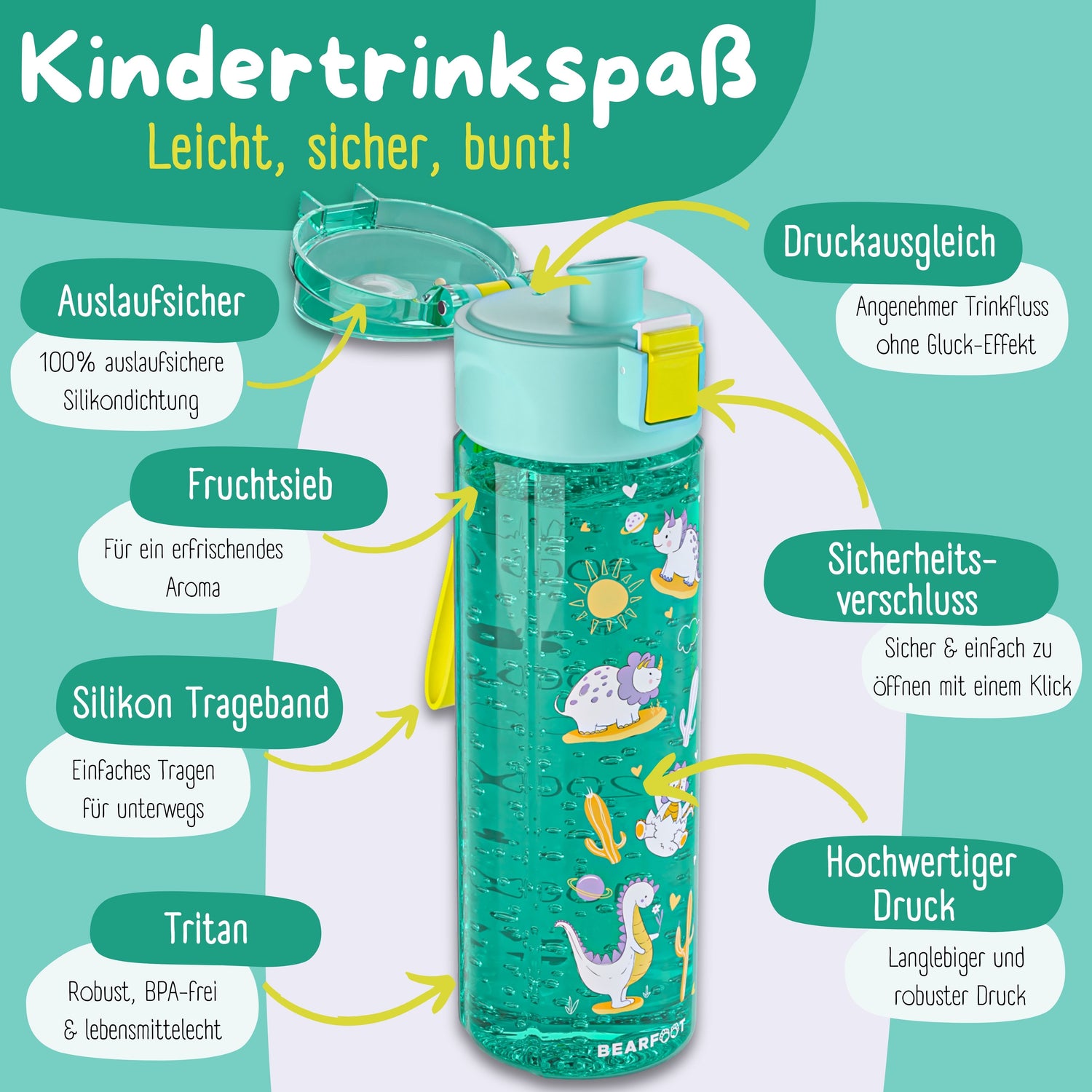 Drikkeflaske til børn, 500ml, lys - Dinos-mint