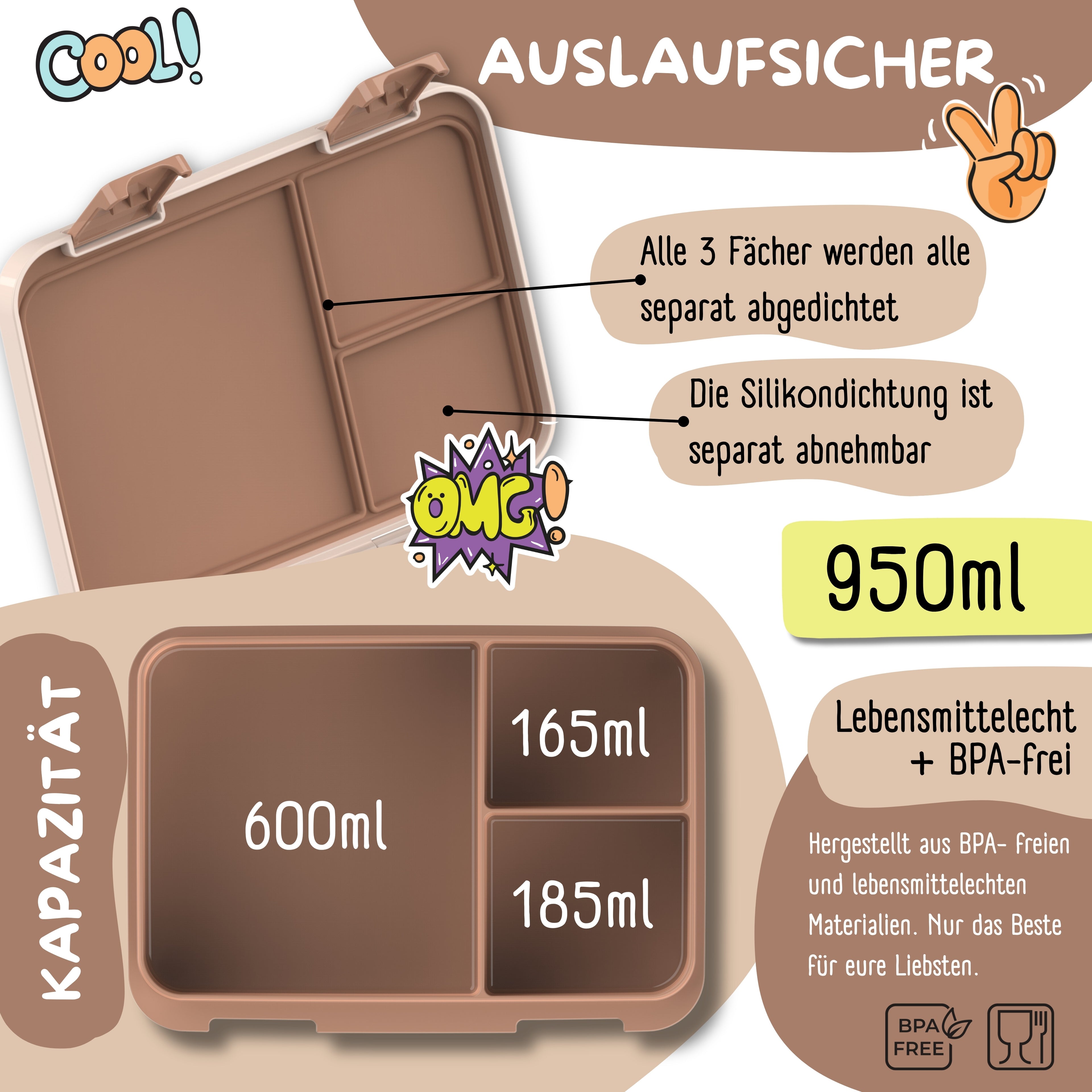 Brotdose mit Fächern, leicht &amp; auslaufsicher - braun