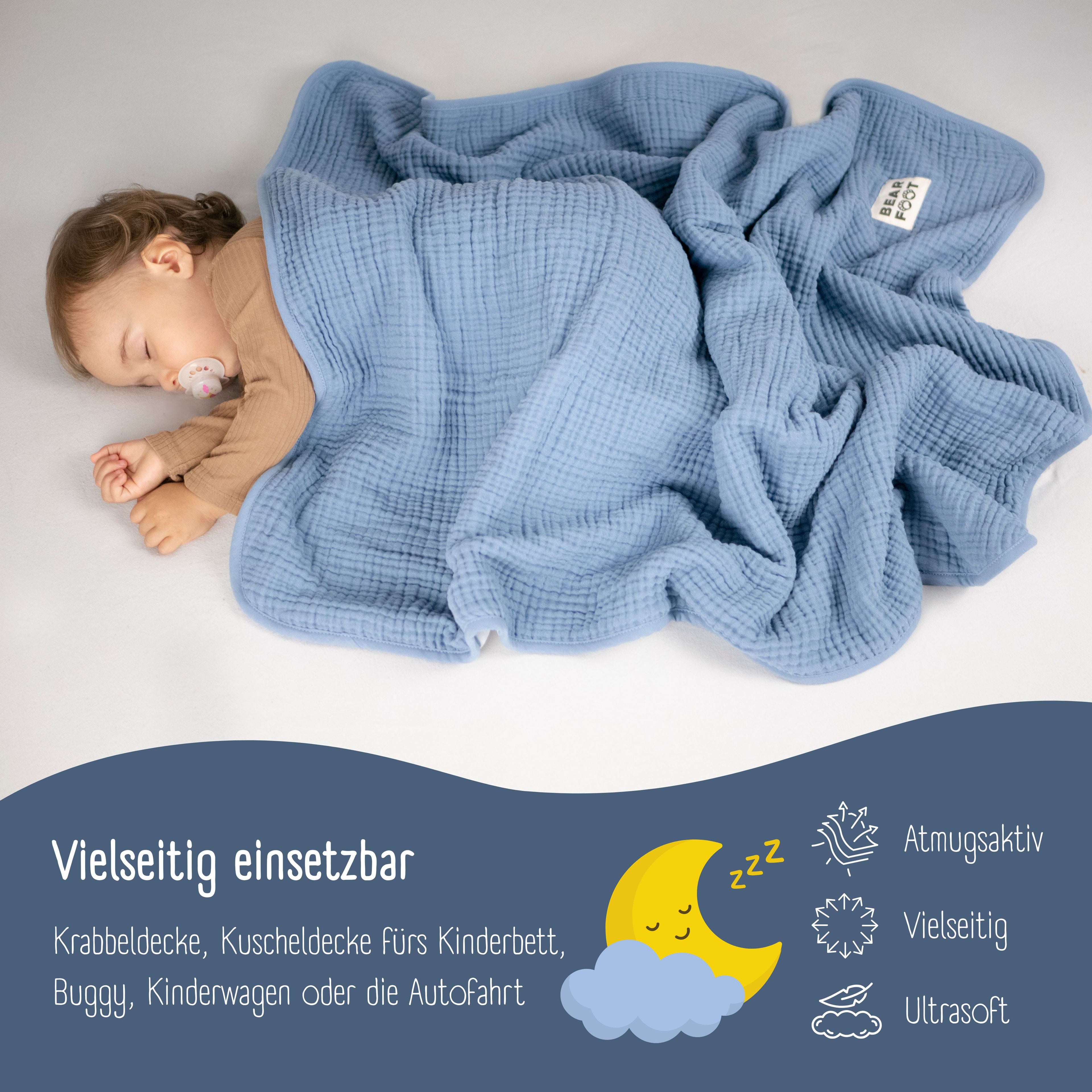 Babydecke Musselin Fleecedecke flauschig weich - blau