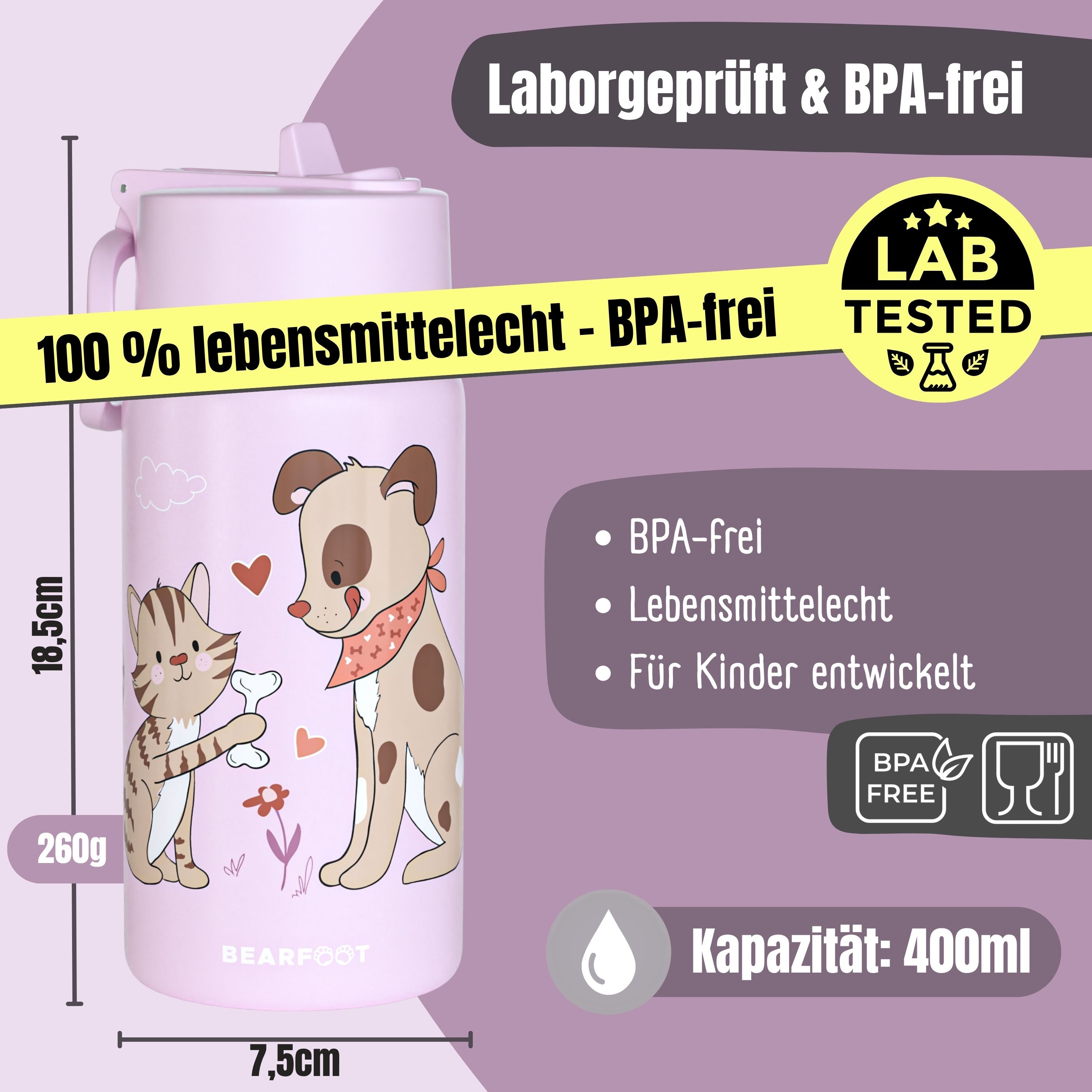 Thermo børne drikkedunk i rustfrit stål - hund &amp; kat lilla
