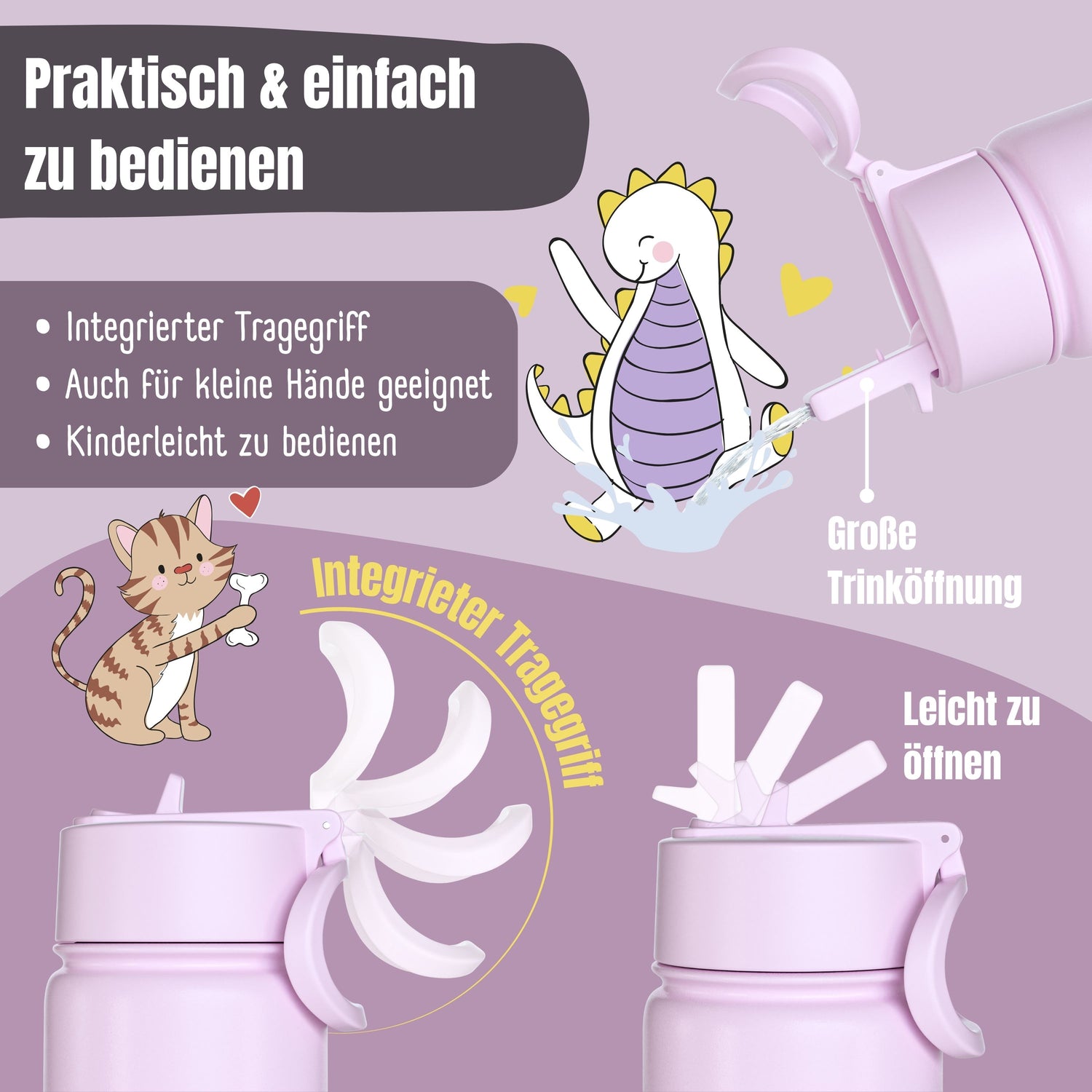 Thermo børne drikkedunk i rustfrit stål - hund &amp; kat lilla
