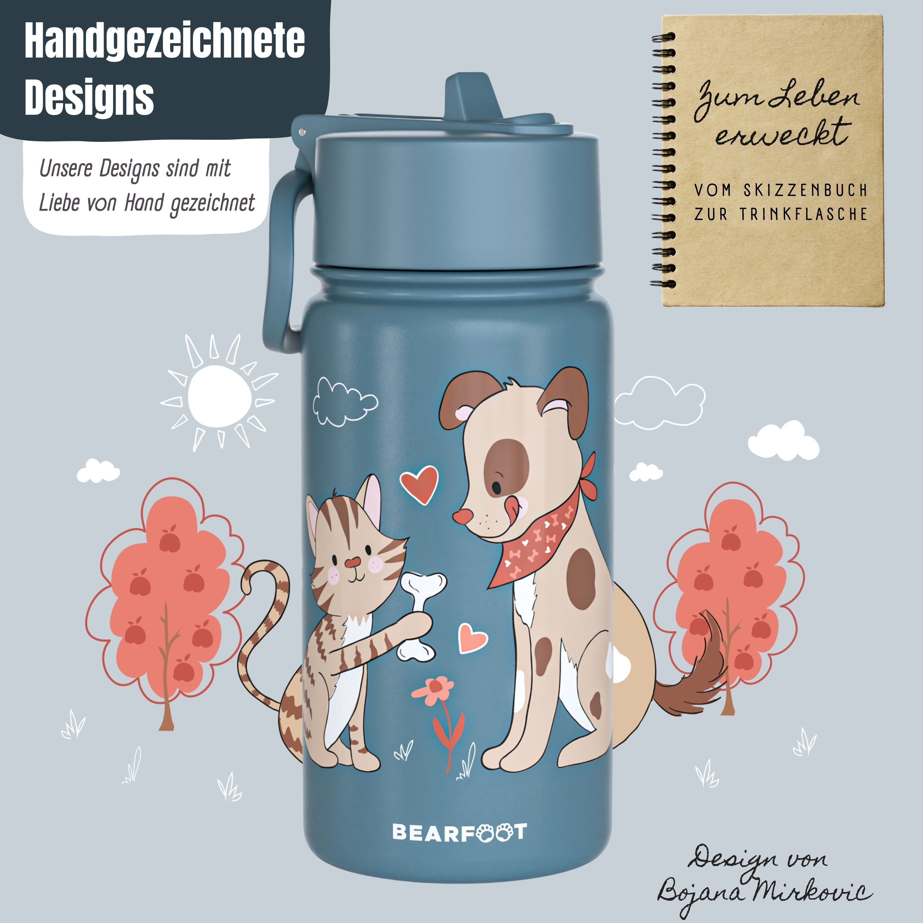 Thermo drikkedunk til børn i rustfrit stål - hund &amp; kat blå