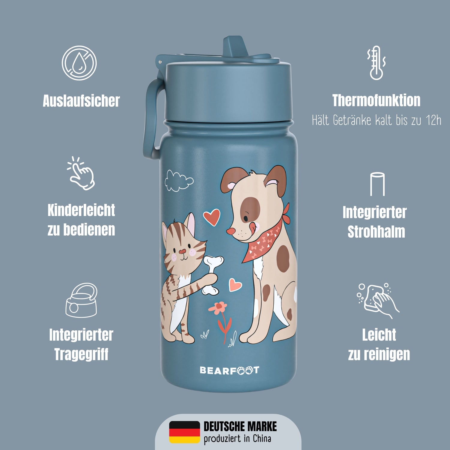 Thermo drikkedunk til børn i rustfrit stål - hund &amp; kat blå