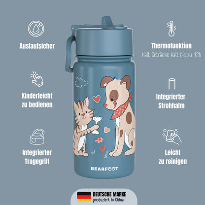 Thermo drikkedunk til børn i rustfrit stål - hund &amp; kat blå