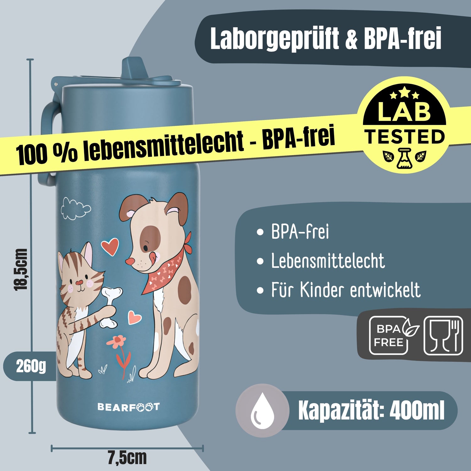 Thermo drikkedunk til børn i rustfrit stål - hund &amp; kat blå