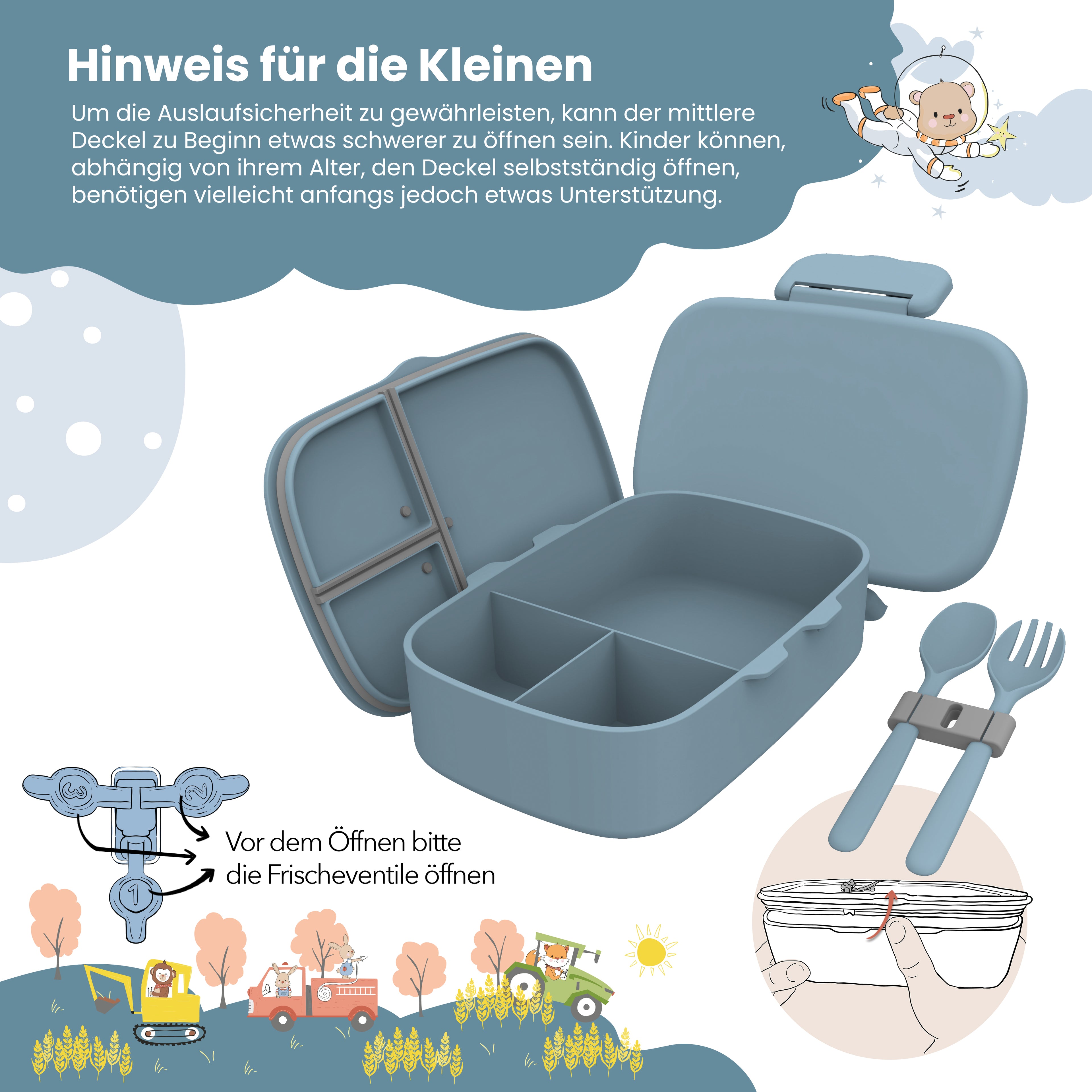 Brotdose Kinder mit Fächern, leicht &amp; auslaufsicher - blau