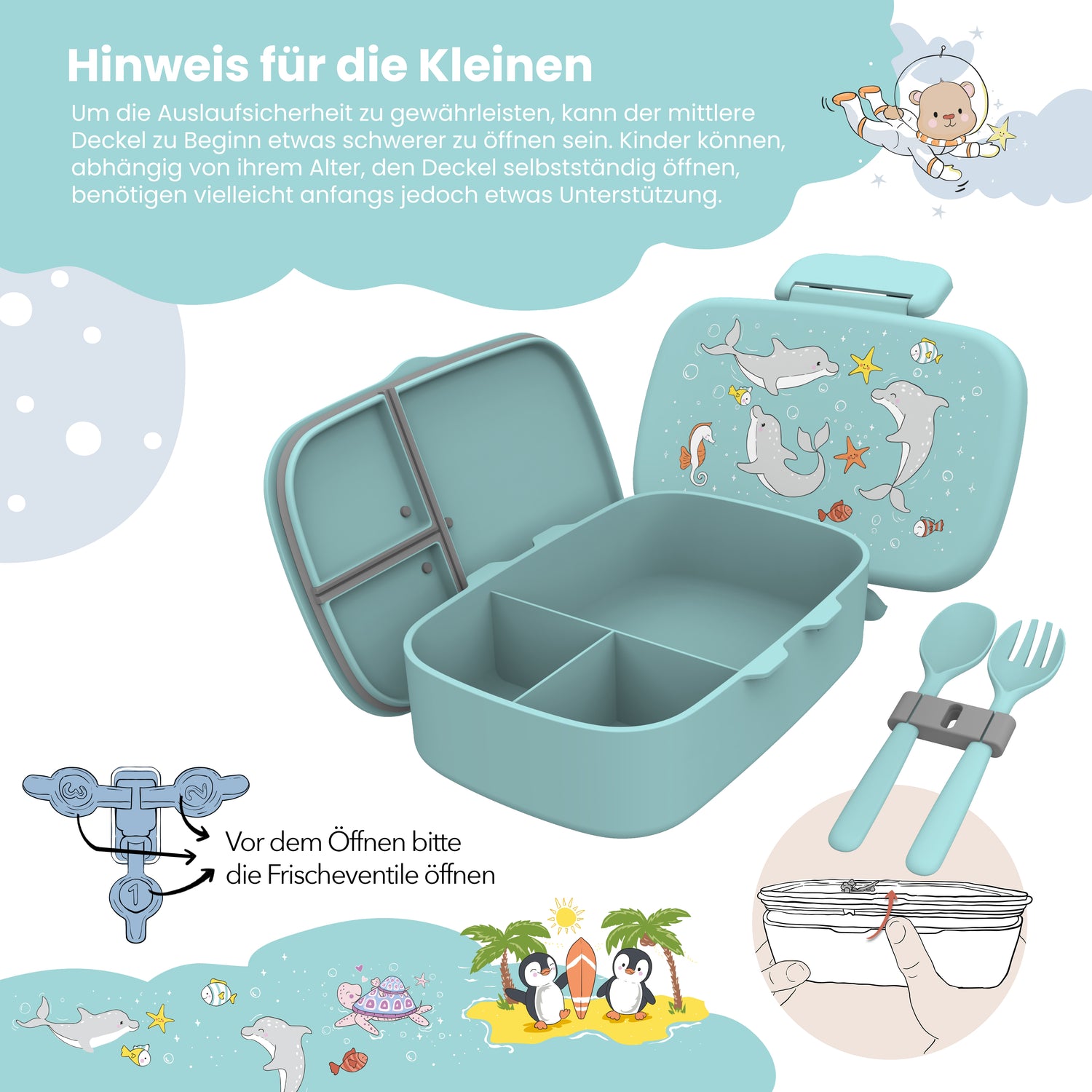 Brotdose Kinder mit Fächern, leicht &amp; auslaufsicher - Delfin