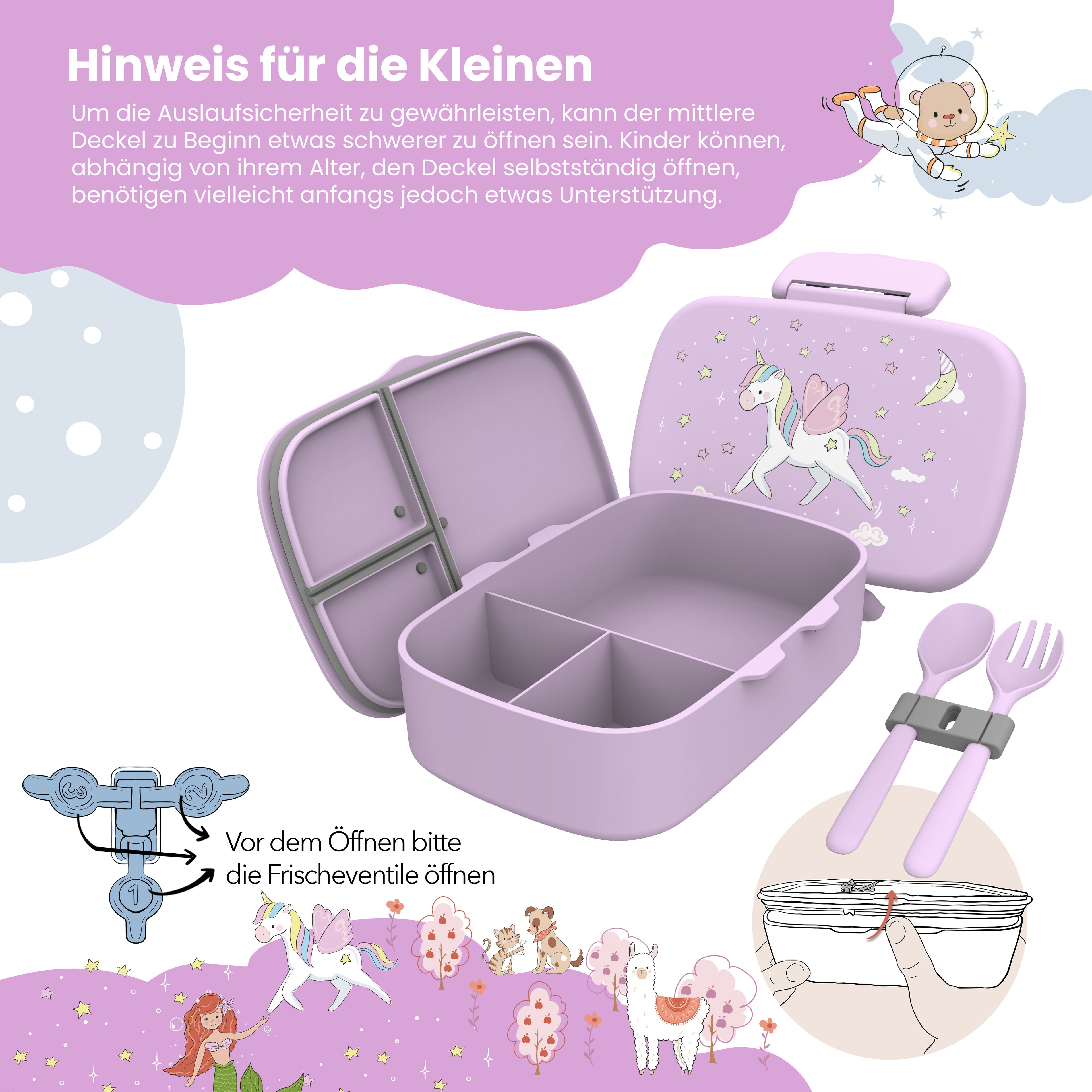 Brotdose Kinder mit Fächern, leicht &amp; auslaufsicher- Einhorn