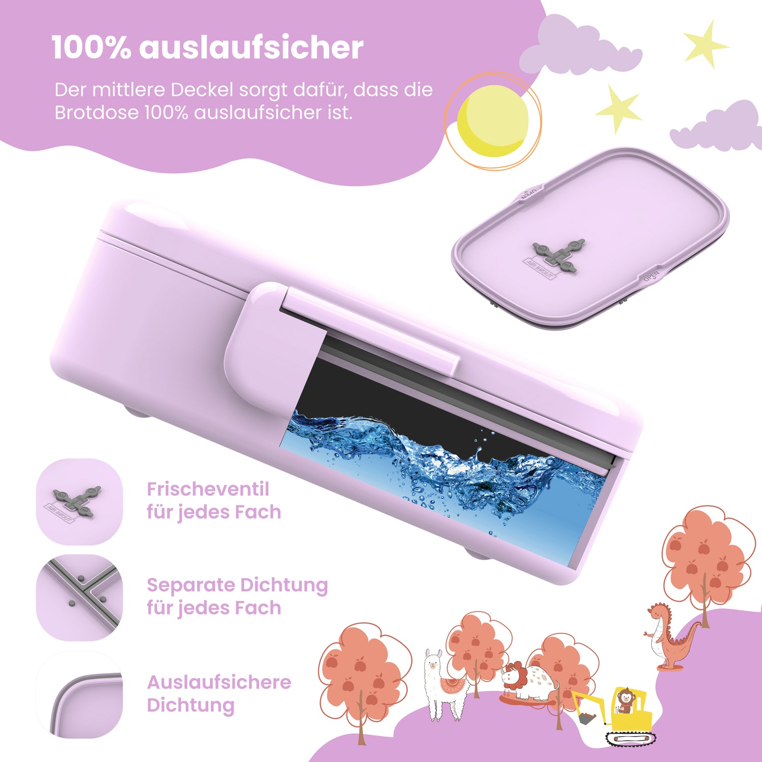Brotdose Kinder mit Fächern, leicht &amp; auslaufsicher - lila