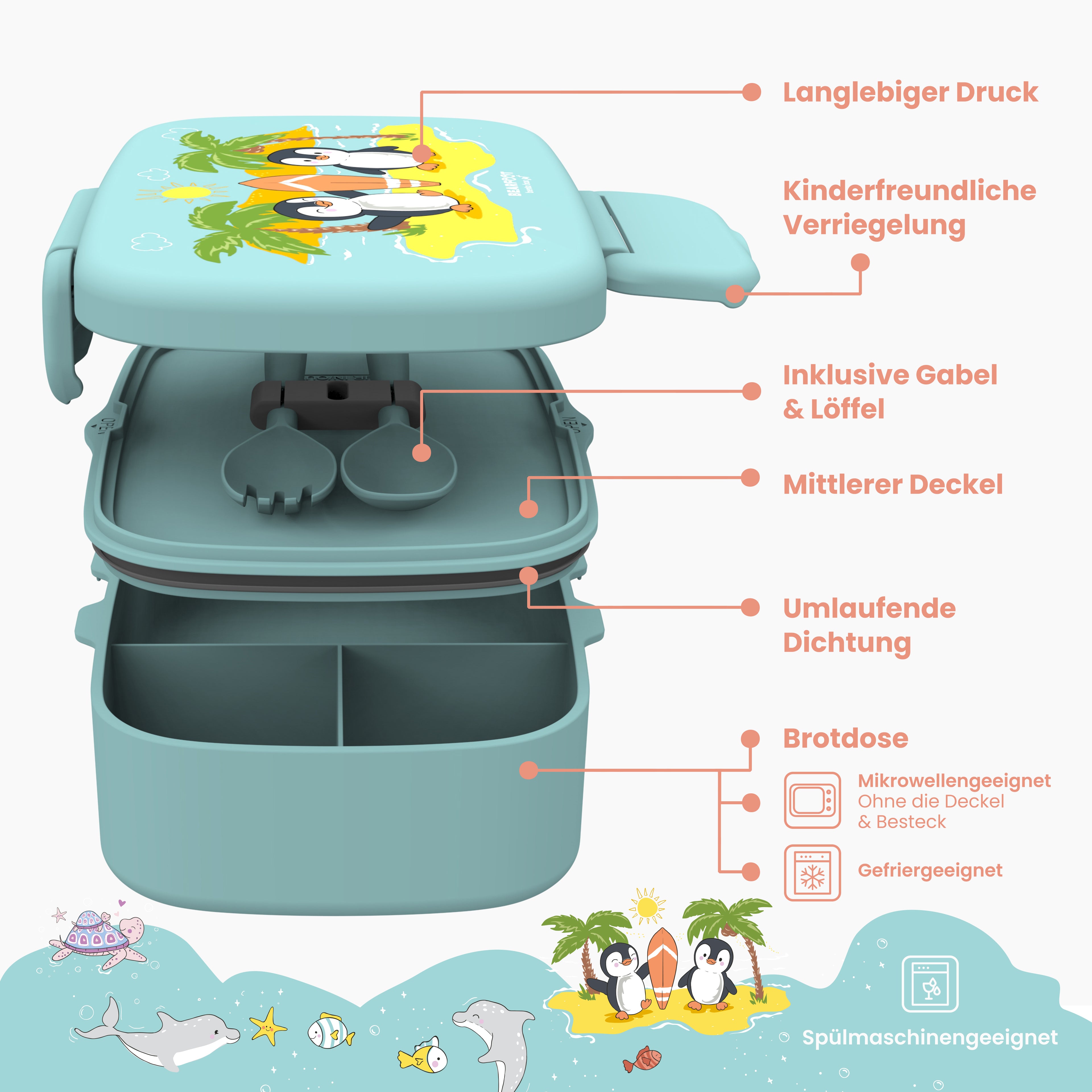 Brotdose Kinder mit Fächern, leicht &amp; auslaufsicher- Pinguin