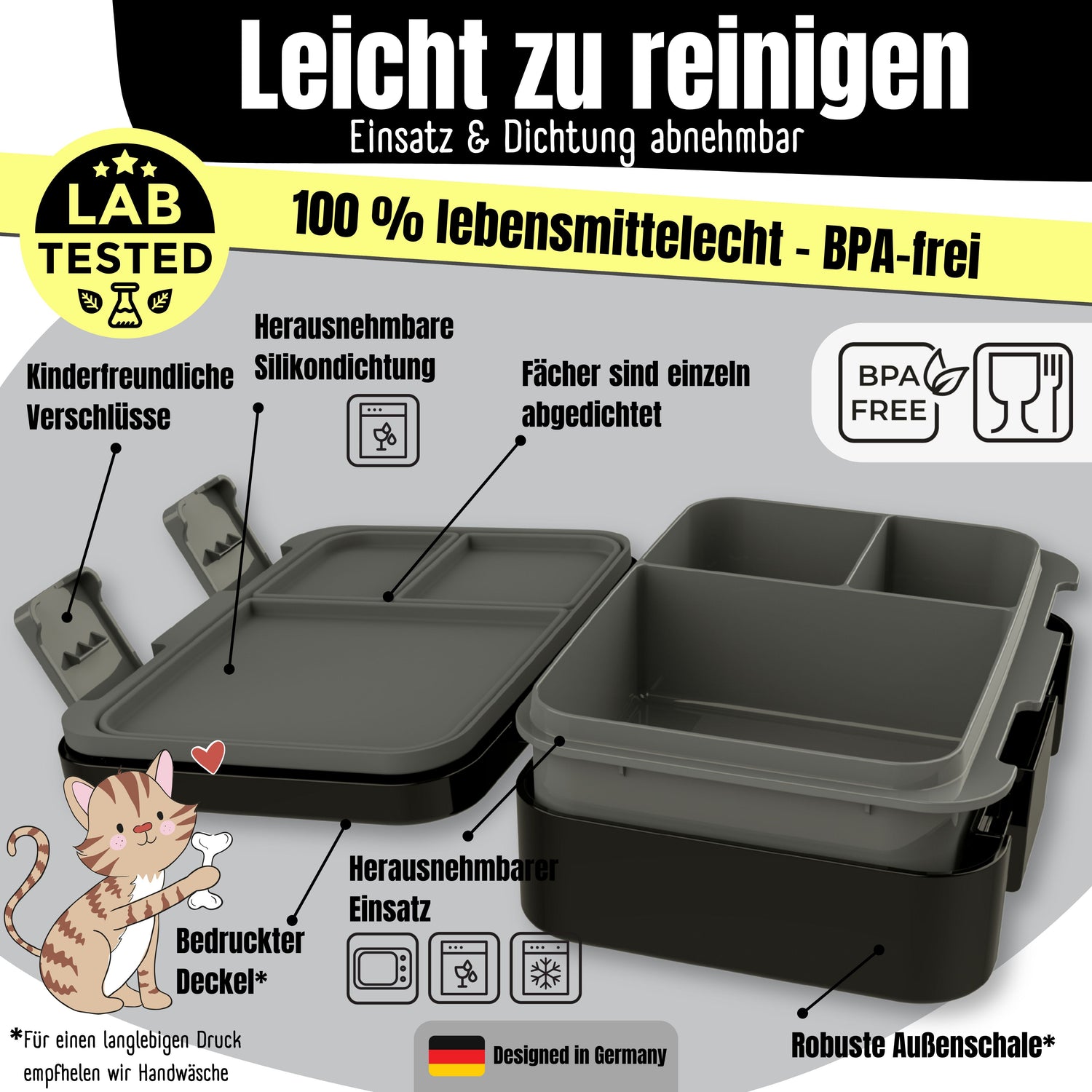 Brotdose mit Fächern, leicht &amp; auslaufsicher - Game schwarz
