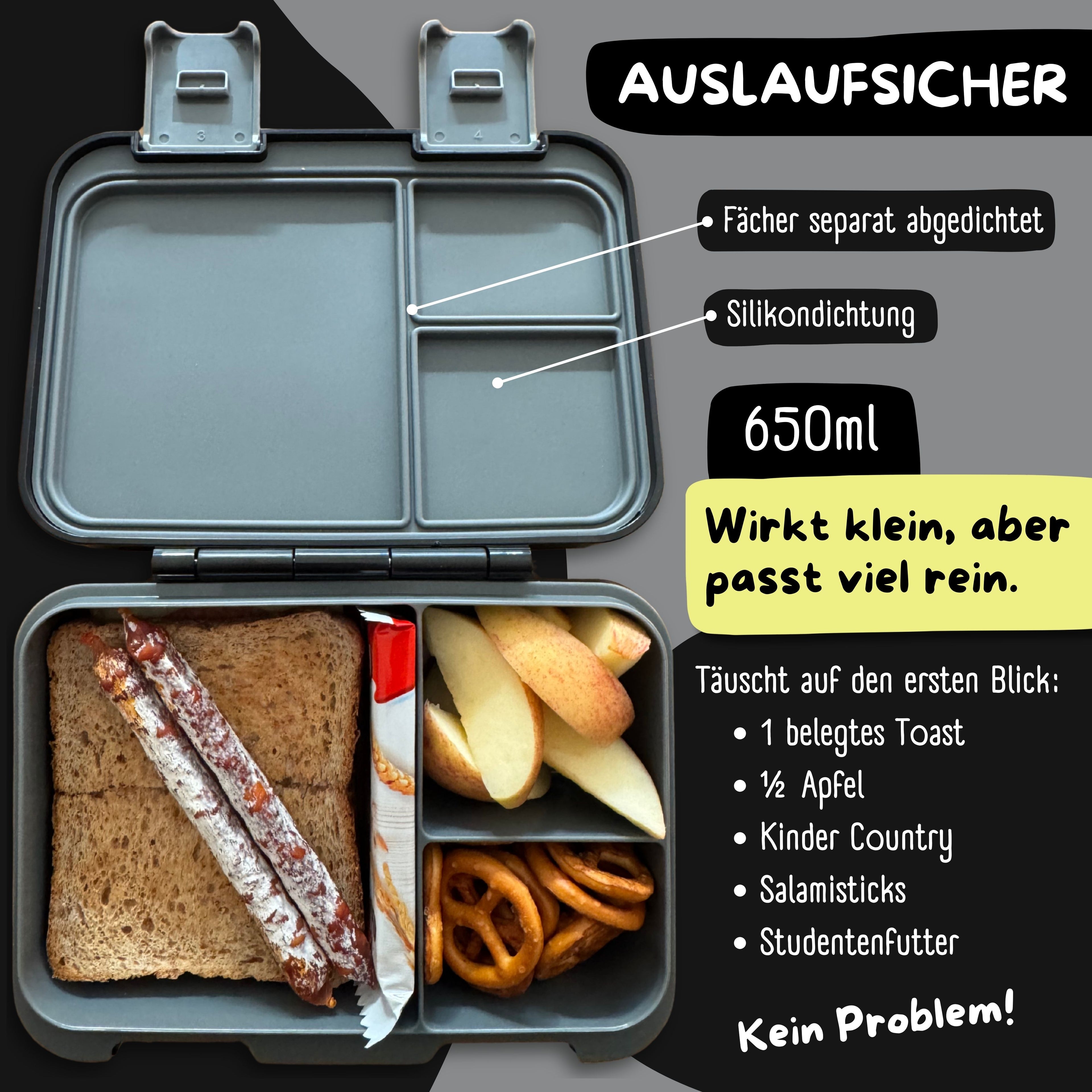 Brotdose mit Fächern, leicht &amp; auslaufsicher - Game schwarz