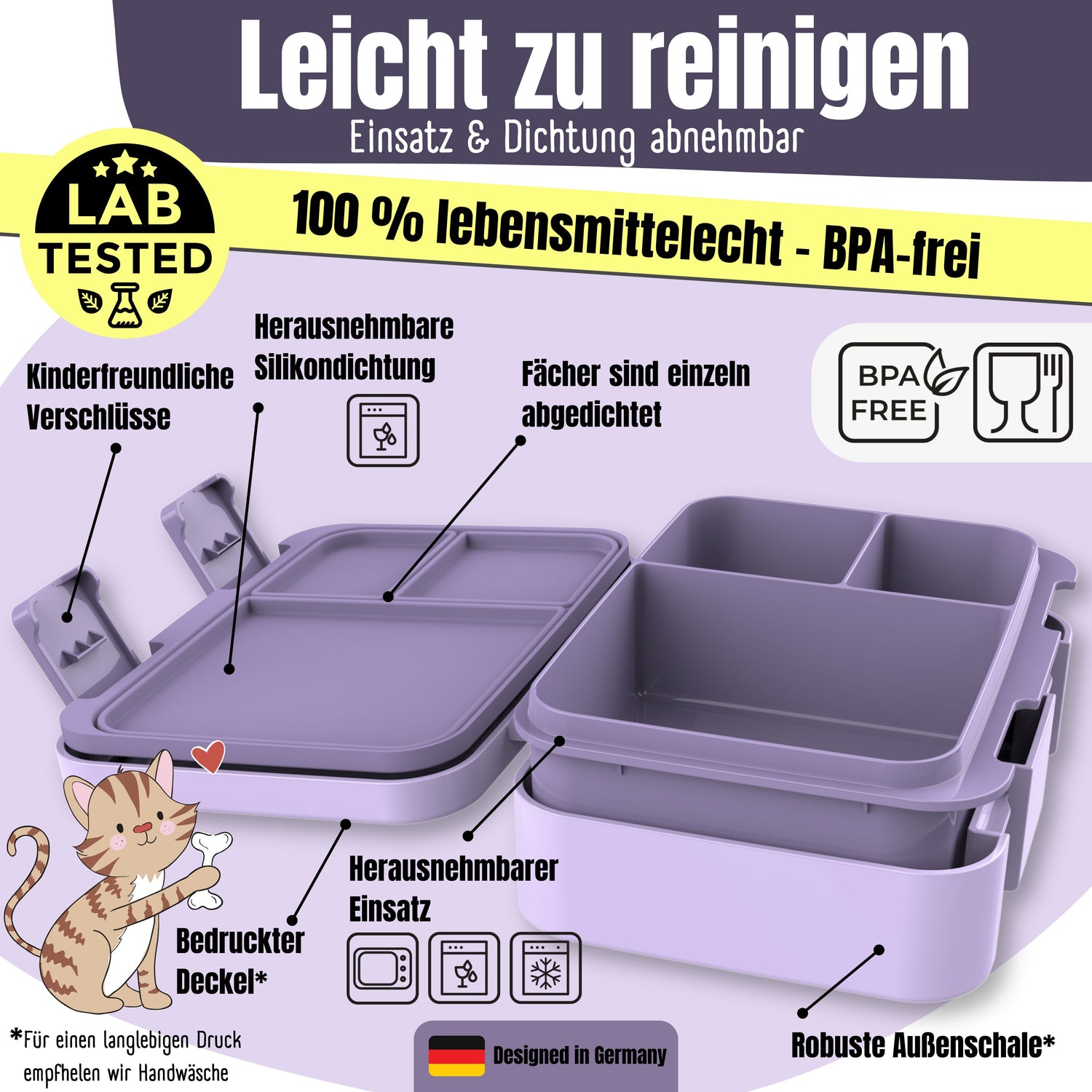 Brotdose mit Fächern, leicht &amp; auslaufsicher - Sticker lila