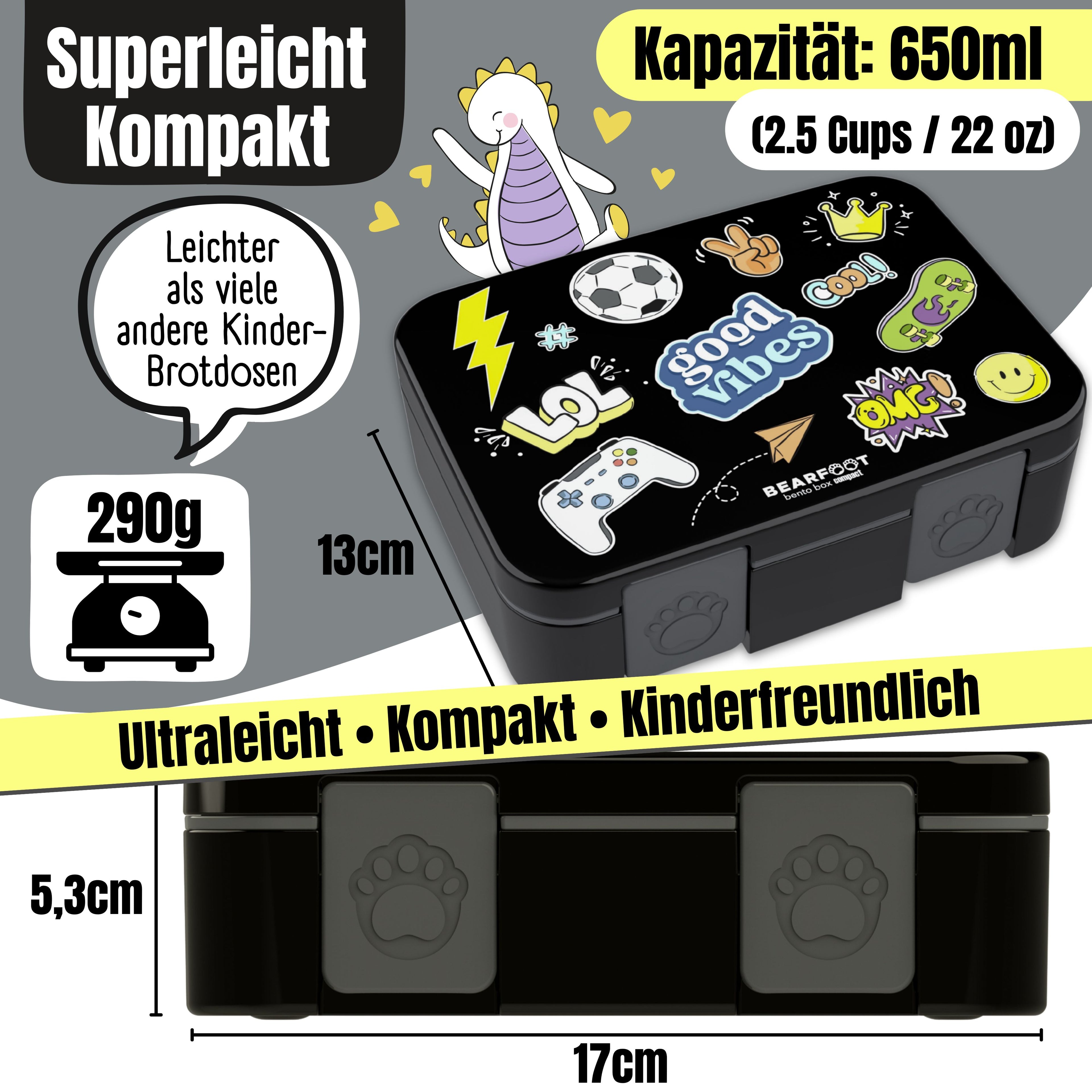 Brotdose mit Fächern, leicht &amp; auslaufsicher - Game schwarz