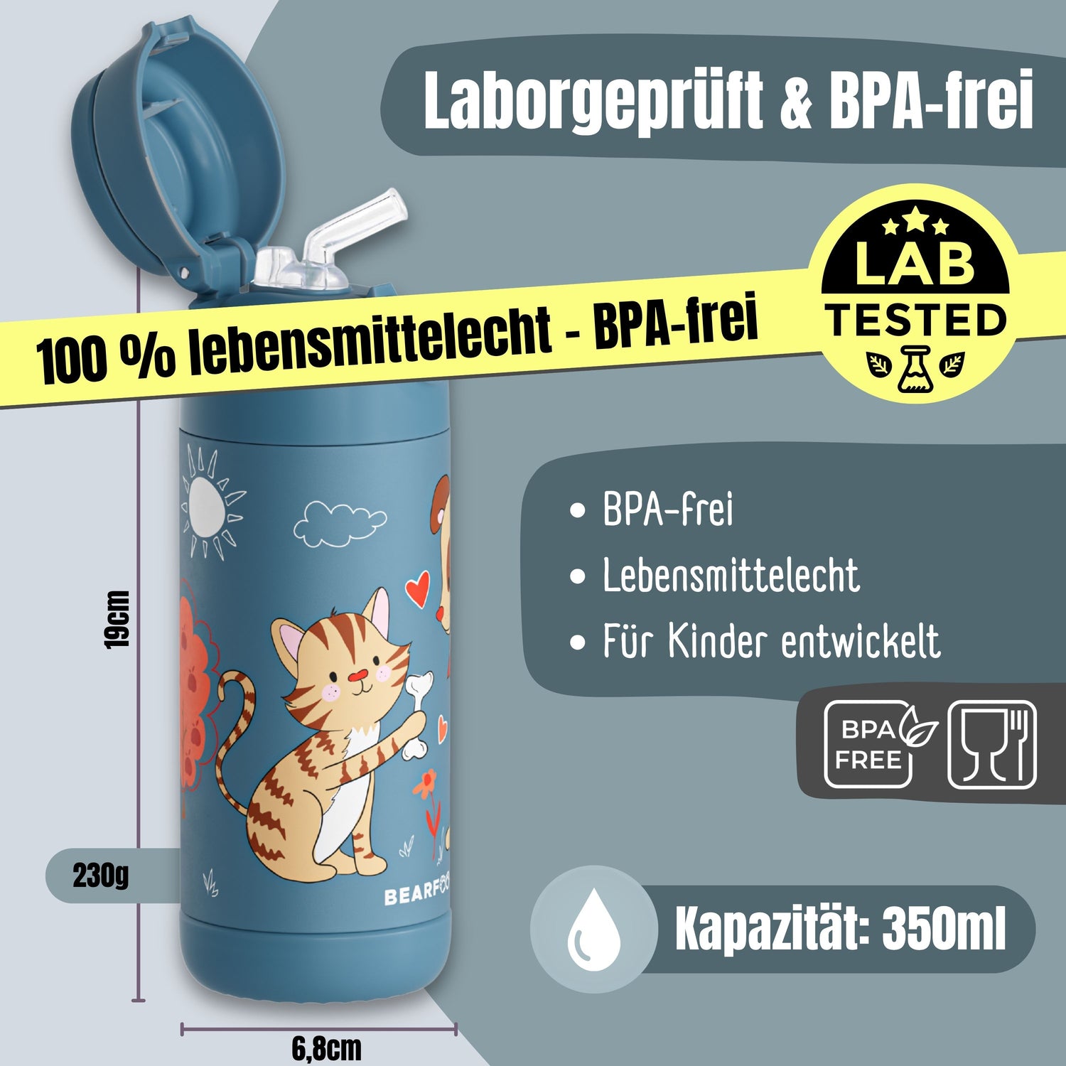 Thermo Kinder Trinkflasche Edelstahl - Hund &amp; Katze blau