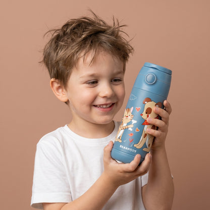 Thermo Kinder Trinkflasche Edelstahl - Hund &amp; Katze blau